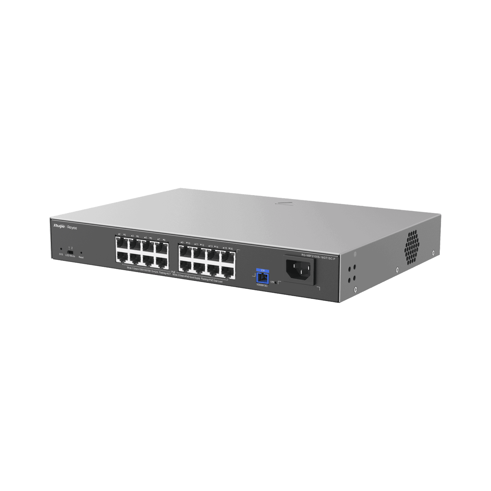 e-Lighten ONU / Switch PoE+ Hibrido, Capa 2 con un Puerto PON 1G y 16 Puertos Ethernet PoE+ 1G hasta 240 Watts y 100 Clientes RG-NBF2100S-16GT1SC-P - RUIJIE