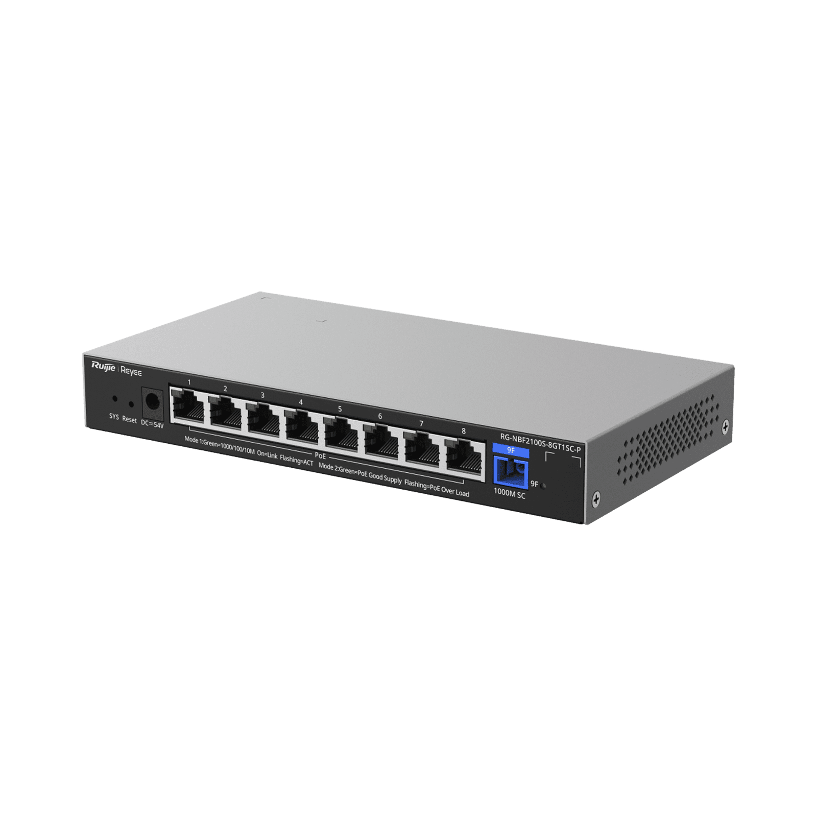 e-Lighten ONU / Switch PoE+ Hibrido, Capa 2 con un Puerto PON 1G y 8 Puertos Ethernet PoE+ 1G hasta 120 Watts y 100 Clientes RG-NBF2100S-8GT1SC-P - RUIJIE