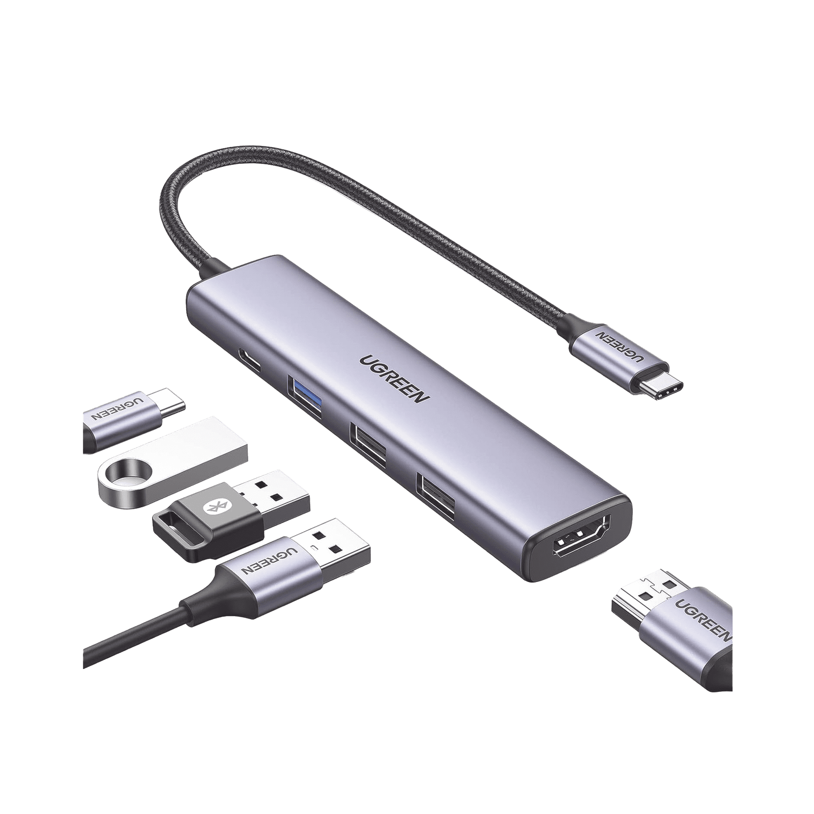 HUB USB-C (Docking Revodok) 5 en 1 | 1 USB-A 3.0 (5Gbps) | 2 USB-A 2.0 (5Gbps) | HDMI 2.0 4K@30Hz | USB-C PD Carga 100W | Cable Trenzado Duradero | Carcasa de Aluminio. 15495 - UGREEN