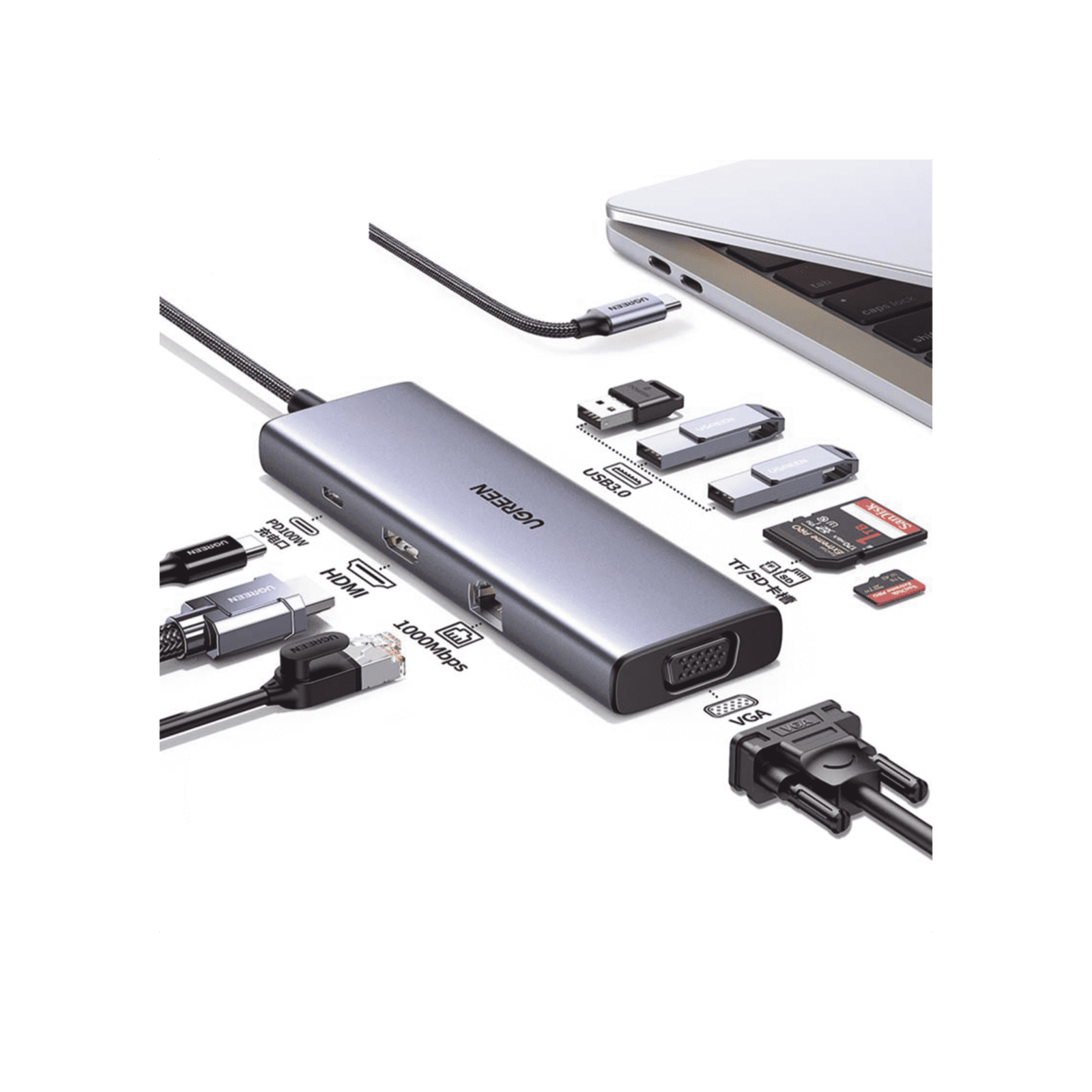 HUB USB-C (Docking Station) 9 en 1 | 3 USB-A 3.0 | USB-C PD Carga 100W | HDMI 4K@30Hz | RJ45 (Gigabit Ethernet) | VGA | Lector Tarjetas SD + Micro SD (TF) Uso Simultáneo | Chip de Última Generación | Caja de Aluminio. 15600 - UGREEN