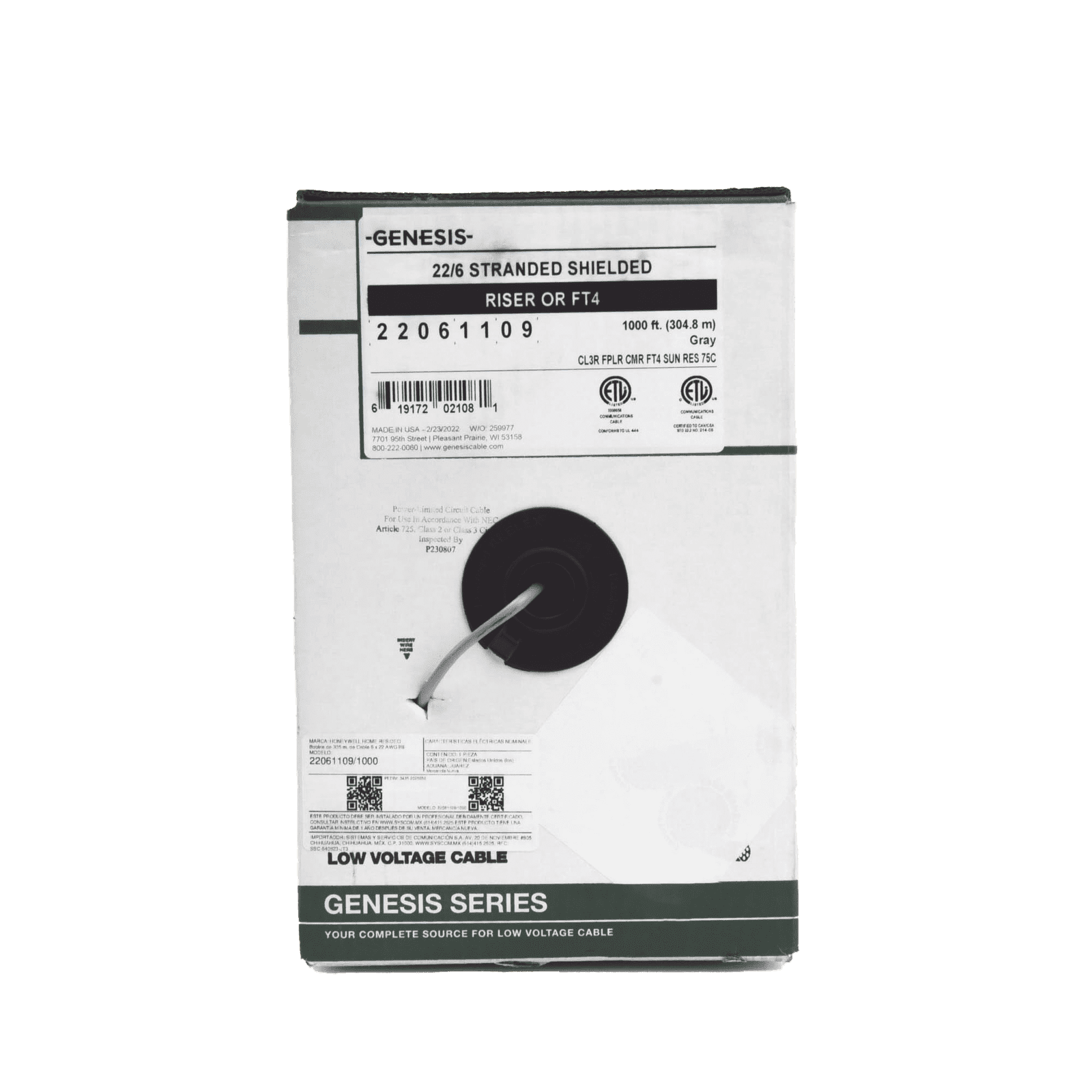 Bobina de 305 Metros de Cable / 6 x 22 AWG Blindado / Color Gris / Para Aplicaciones de Audio, Seguridad y Control 2206-1109/1000 - GENESIS