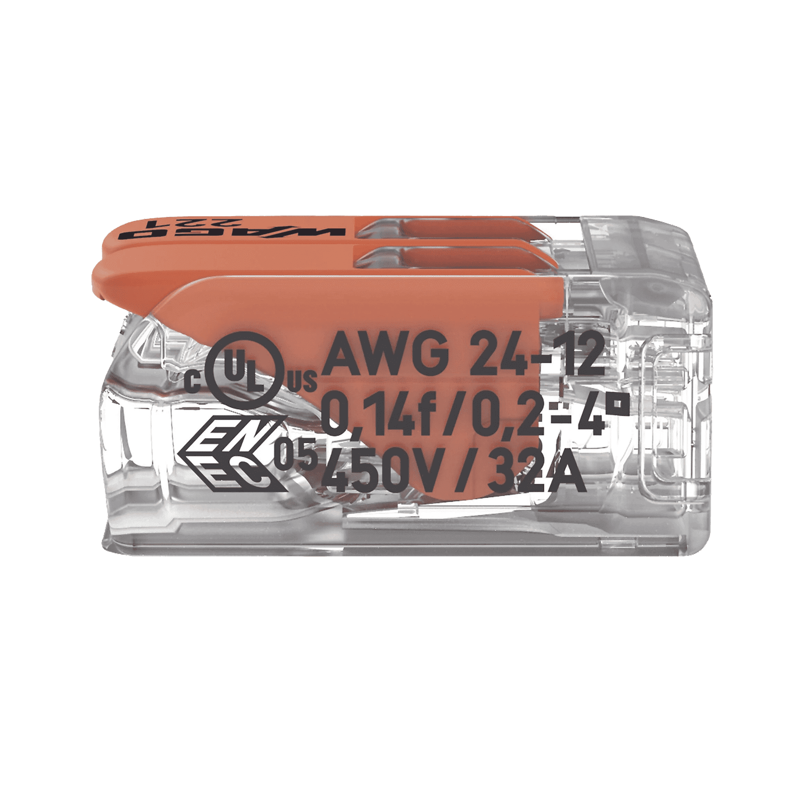 Conector Compacto para 1 Cable de Entrada 1 Cable de Salida / Cables Compatibles 28AWG-12AWG 221-412 - WAGO