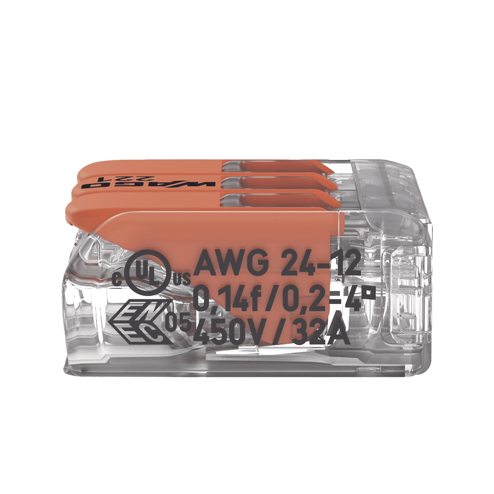 Conector Compacto para 1 Cable de Entrada 2 Cables de Salida / Cables Compatibles 28AWG-12AWG 221-413 - WAGO