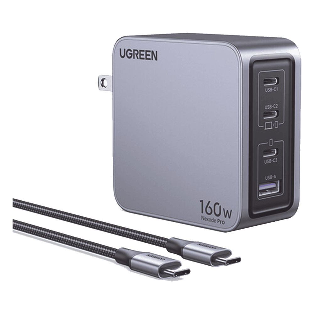 Cargador de 160W serie Nexode Pro | 4 Puertos de Carga Rápida | 3 USB-C | 1 USB-A | Tecnología GaNInfinity | PD3.1 de 140W / QC4.0 | Tecnología de Protección Térmica | Optimiza la Carga | Caja de Aluminio | Incluye Cable 25876
