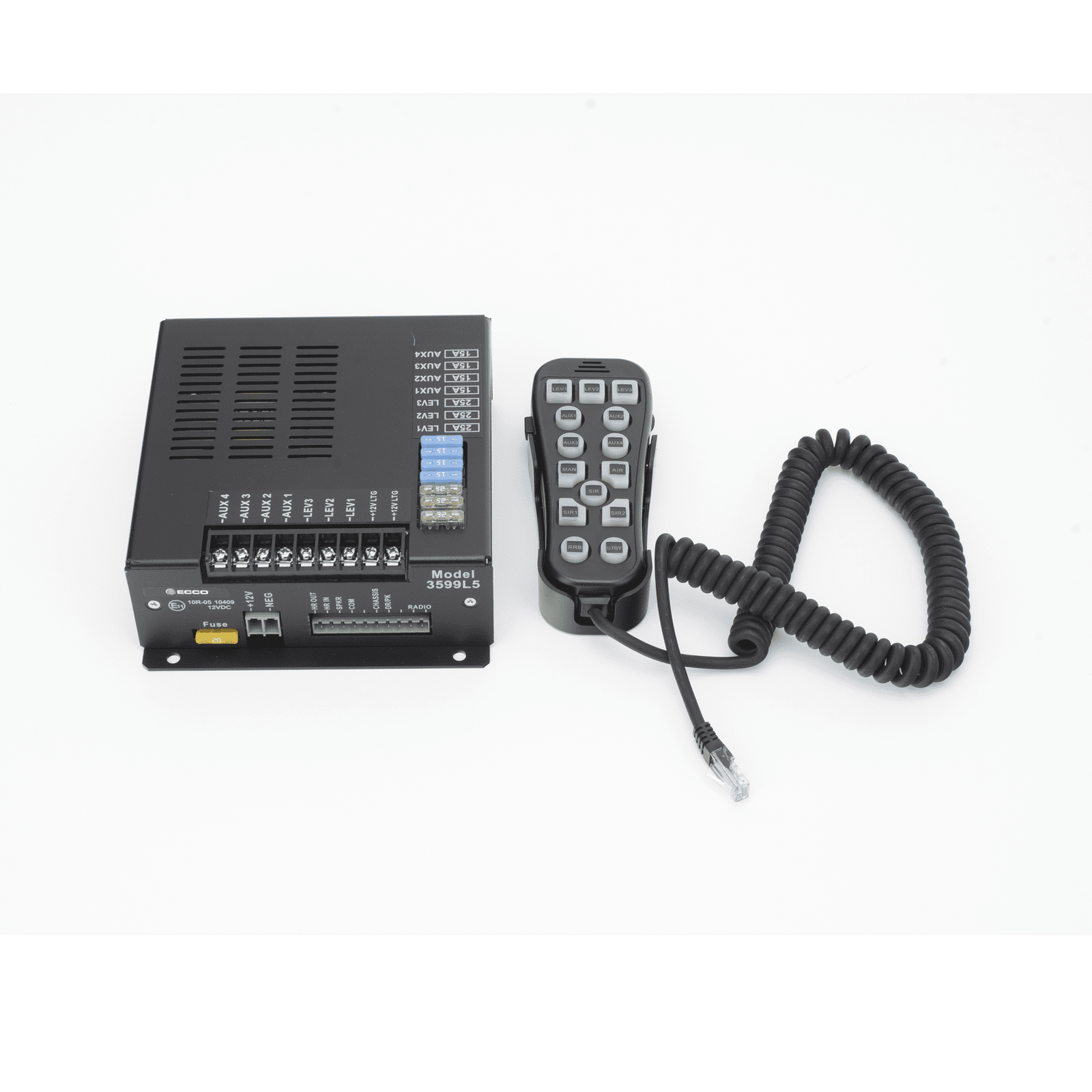 Sirena Vehicular H2 Covert ™ de 200W de Potencia, Con Controlador Unimando de 14 Botones Para Control de Tonos, 7 Salidas Auxiliares y Micrófono 3599L5 - ECCO