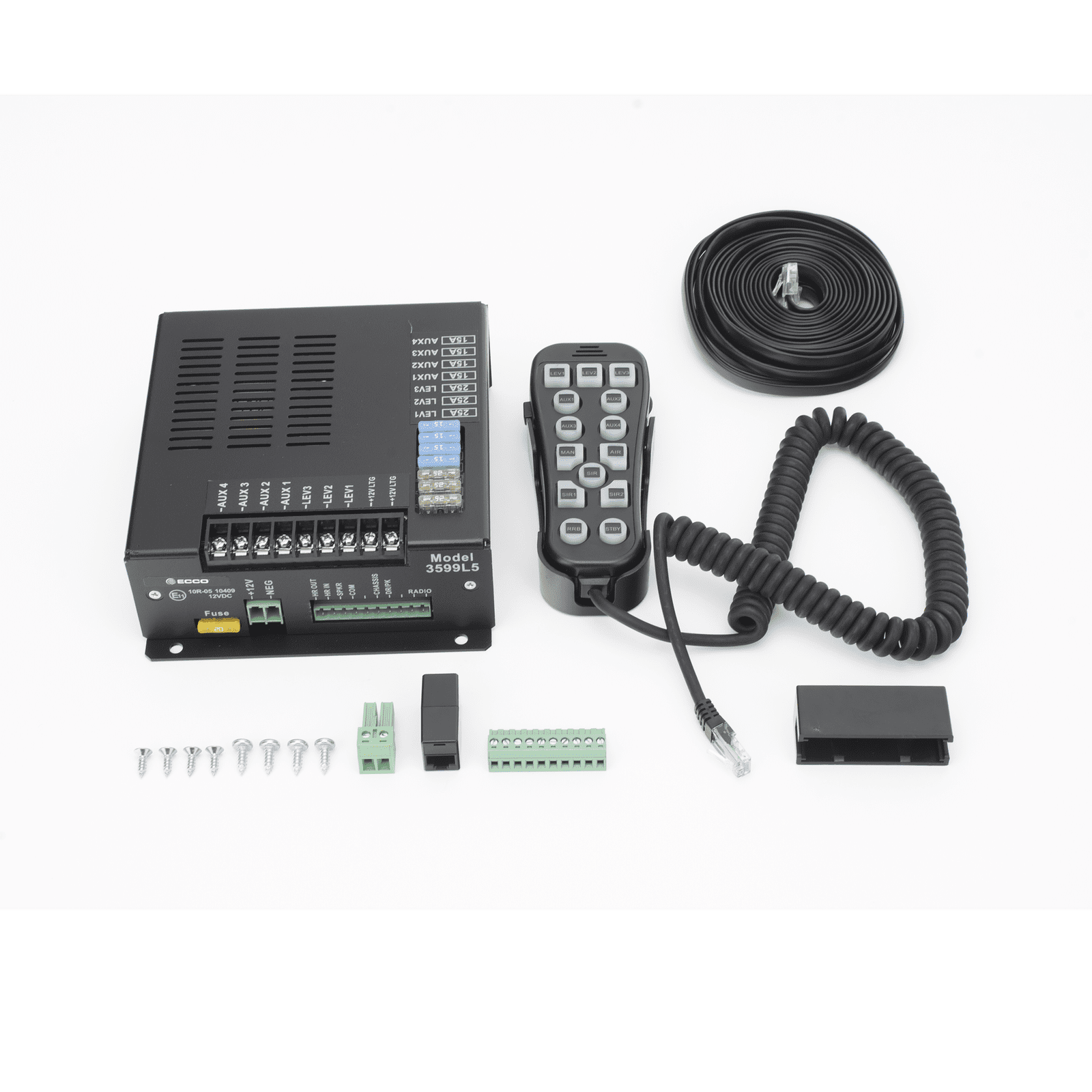 Sirena Vehicular H2 Covert ™ de 200W de Potencia, Con Controlador Unimando de 14 Botones Para Control de Tonos, 7 Salidas Auxiliares y Micrófono 3599L5 - ECCO