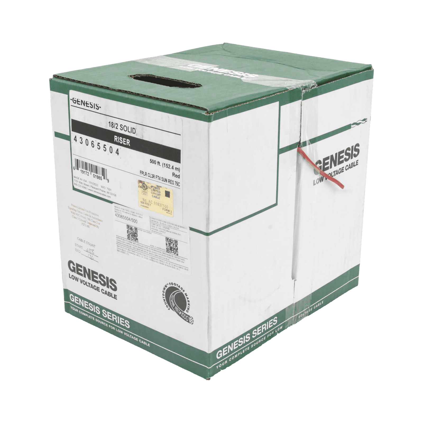 Bobina de 152 Metros de Alambre / 2 x 18 AWG / Resistente al Fuego / Color Rojo / Tipo FPLR- CL3R – C(UL) -FT4 / Para Sistemas Contra Incendio o Sistemas de Evacuación 4306-5504/500 - GENESIS