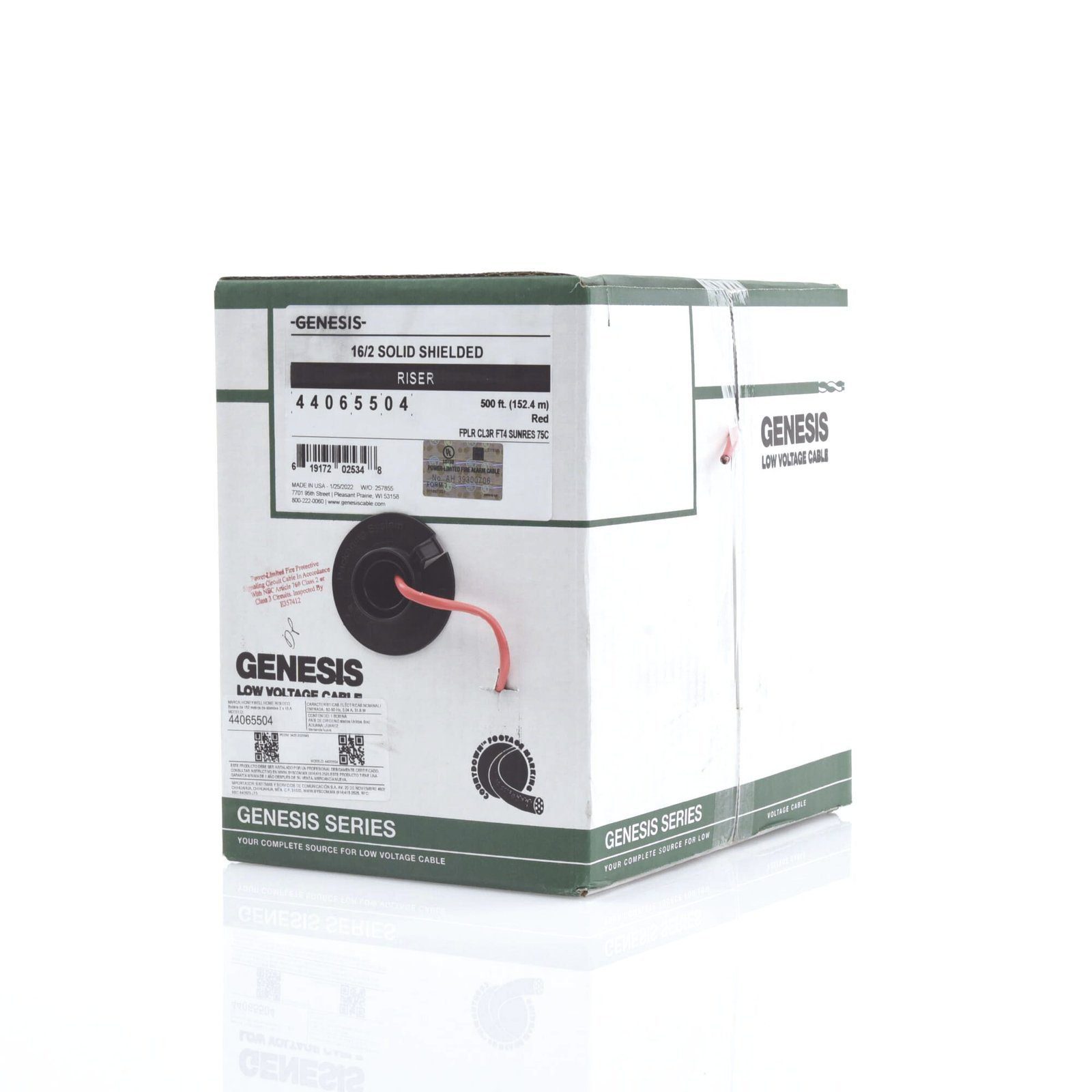 Bobina de 152 Metros de Alambre / 2 x 16 AWG / BLINDADO / Tipo FPLR / Color Rojo / Para Aplicaciones en Sistemas de Detección de Incendio y Sistemas de Evacuación 4406-5504 - GENESIS
