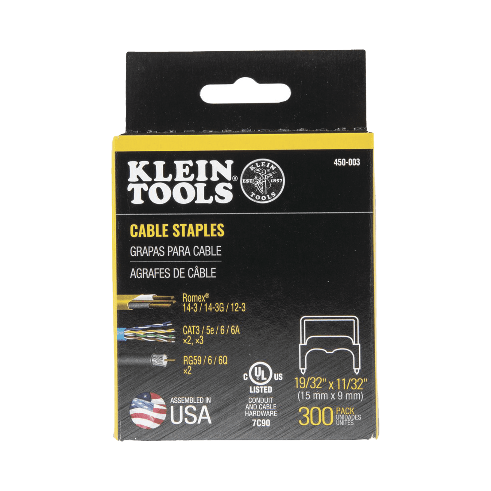 Paquete de 300 Grapas con Aislamiento,  para Cables NM (Romex®) como 14/3, 14/3G, 12/3 y otros cables de hasta 11/32” × 19/32” (9 mm × 15 mm). 450-003 - KLEIN TOOLS