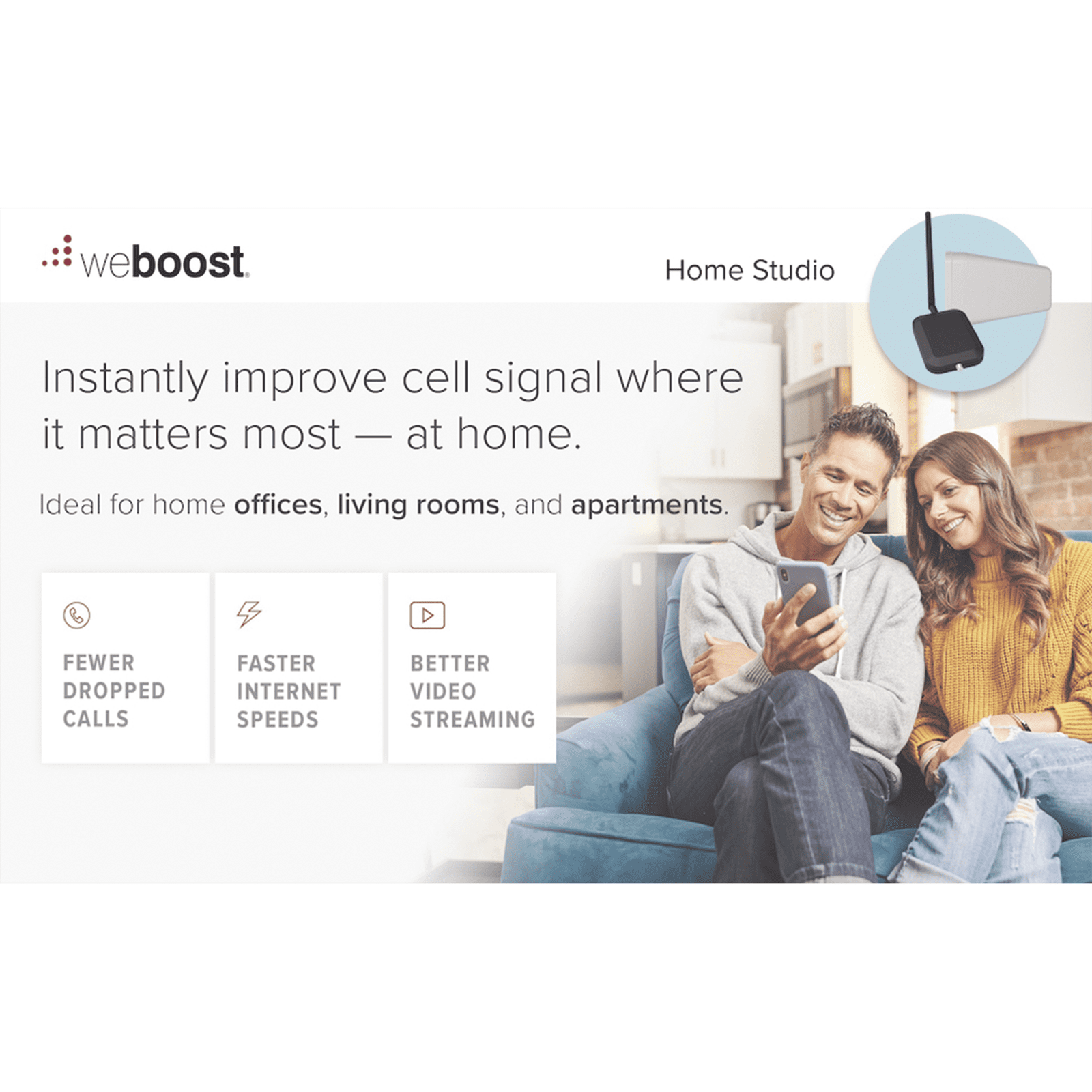 KIT de Amplificador de Señal Celular Home Studio/ Datos 2G, 3G, 4G / Llamadas / Mejora la señal para cubrir 60 m² como una habitación, casa pequeña o departamento. 530-166 - WILSONPRO / WEBOOST