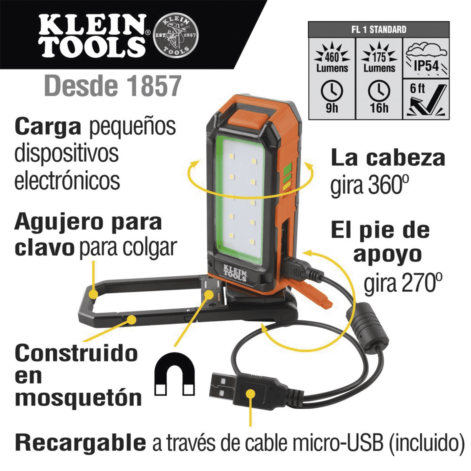 Lámpara de LED para Trabajo Personal, Recargable y Magnética (53 x 130 x 42 mm). 2 Potencias a elegir. Puede Cargar Smartphone 56-403 - KLEIN TOOLS