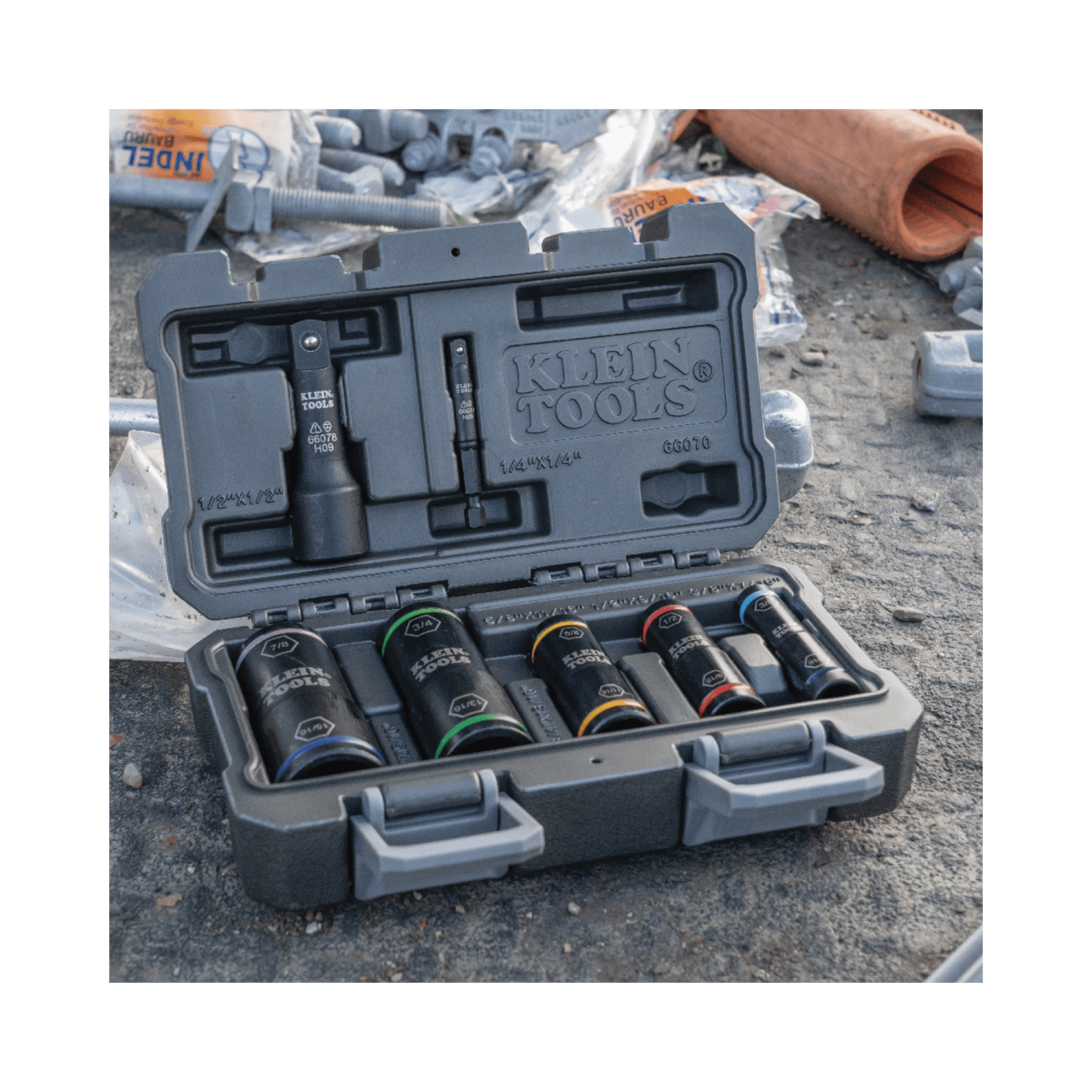 Juego de Dados de Impacto de 7 piezas, Medidas: 3/8 x 7/16”, 1/2 x 9/16”, 5/8 x 11/16”, 3/4 x 13/16”, y 7/8 x 15/16” 66070 - KLEIN TOOLS