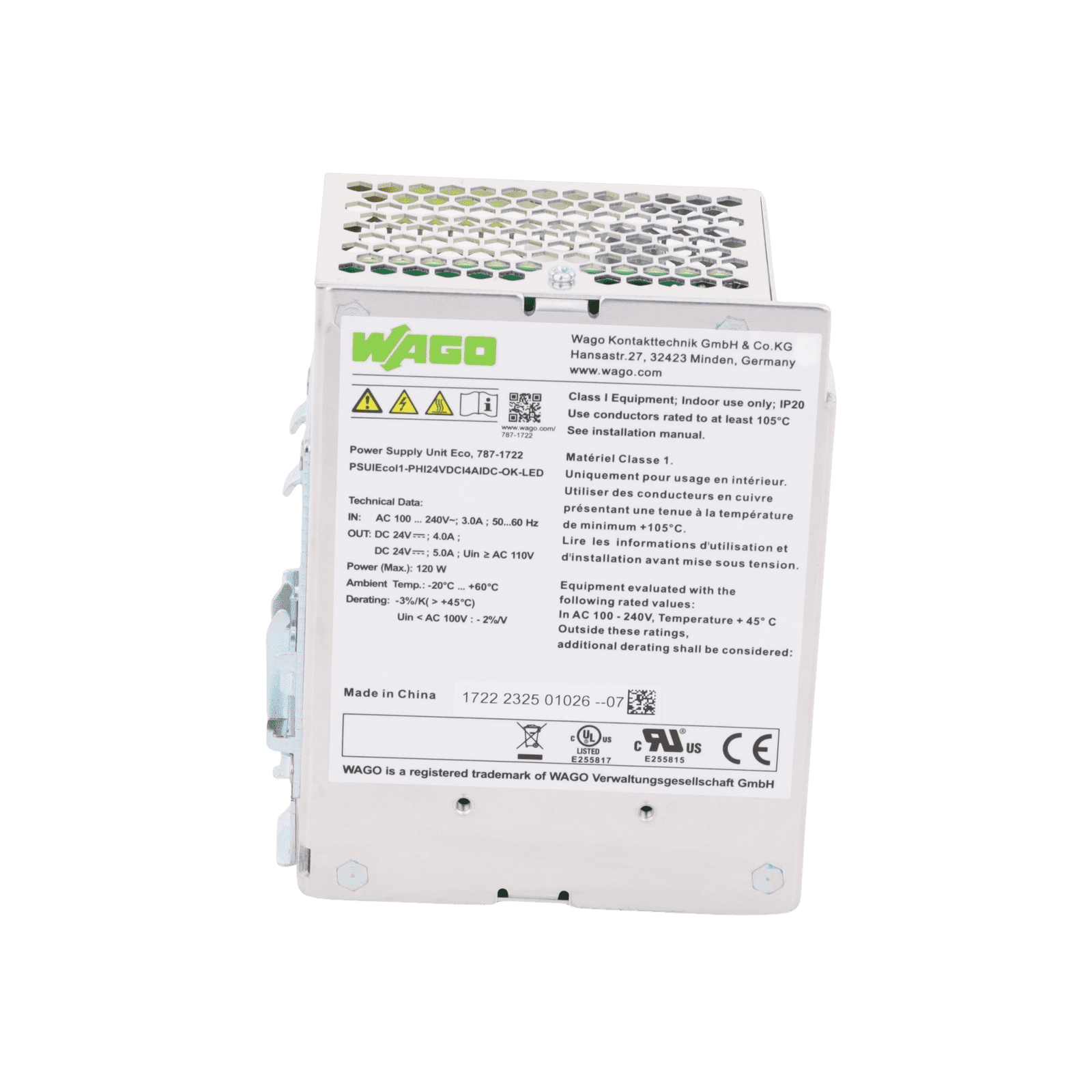 Fuente de alimentación con sincronización primaria; ECO; monofásico; Tensión de salida 24V DC; Corriente de salida 5A; DC-OK LED 787-1722 - WAGO