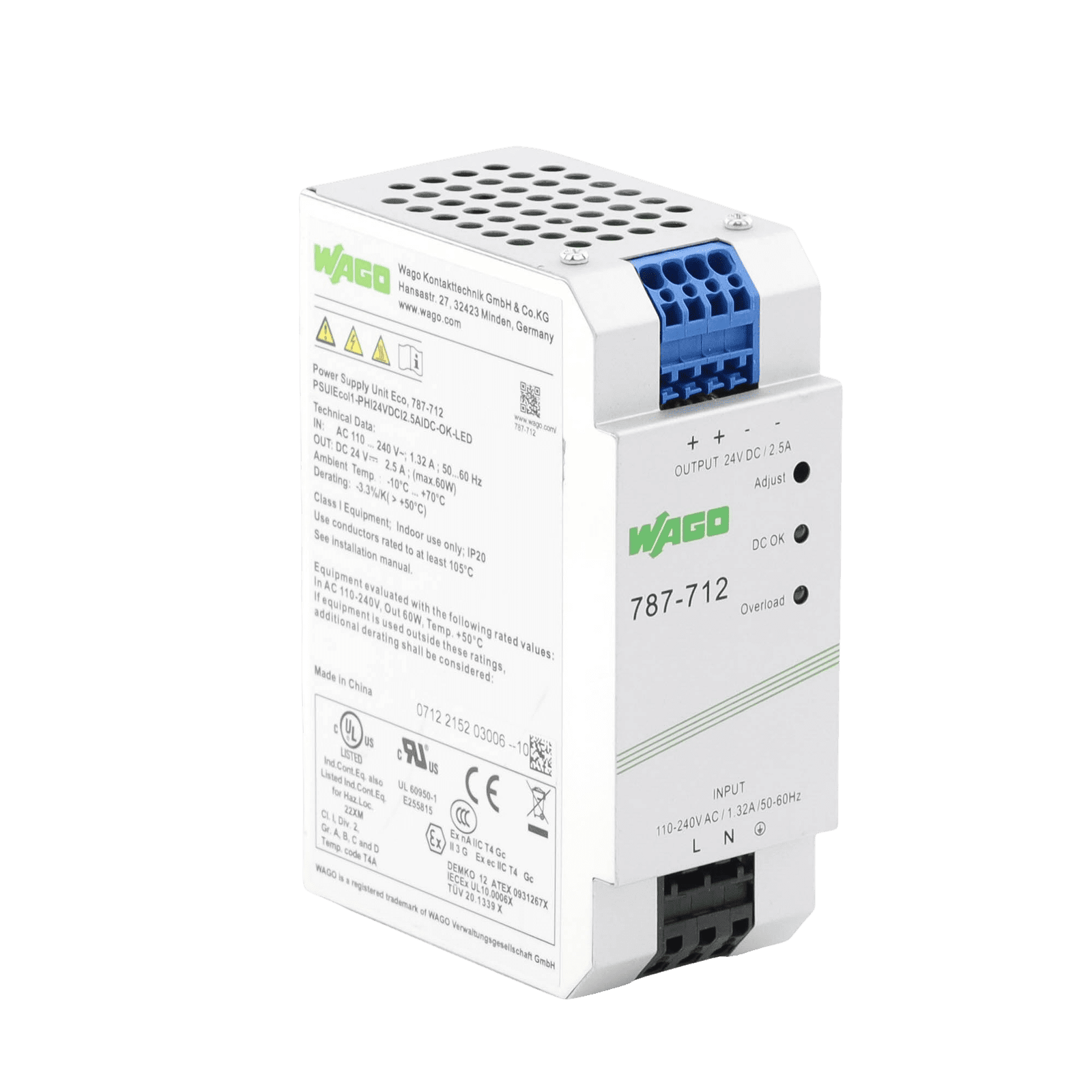 Fuente de alimentación; ECO; monofásico; Tensión de salida 24V DC; Corriente de salida 2,5A; DC-OK LED; 4,00 mm² 787-712 - WAGO