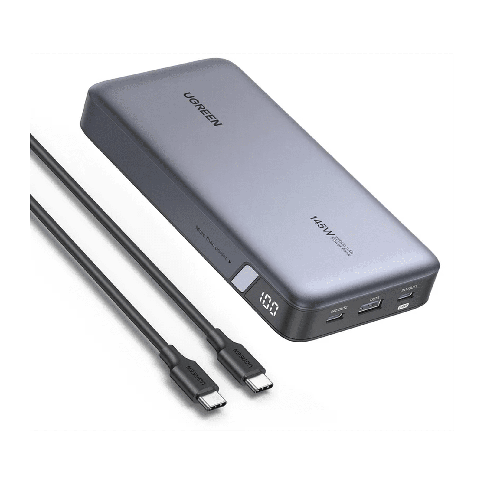 Power Bank de 25000mAh | 3 Salidas 145W Max. | USB-A + 2 USB-C | PD 3.0, QC3.0 | FCP | SCP | Pantalla Inteligente | Carcasa Ignifuga | Color Gris | Incluye Cable USB de 50cm | Carga tu Laptop de Manera Segura. 90597A - UGREEN
