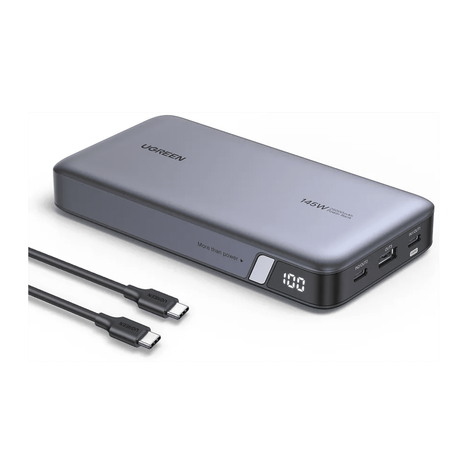 Power Bank de 25000mAh | 3 Salidas 145W Max. | USB-A + 2 USB-C | PD 3.0, QC3.0 | FCP | SCP | Pantalla Inteligente | Carcasa Ignifuga | Color Gris | Incluye Cable USB de 50cm | Carga tu Laptop de Manera Segura. 90597A - UGREEN