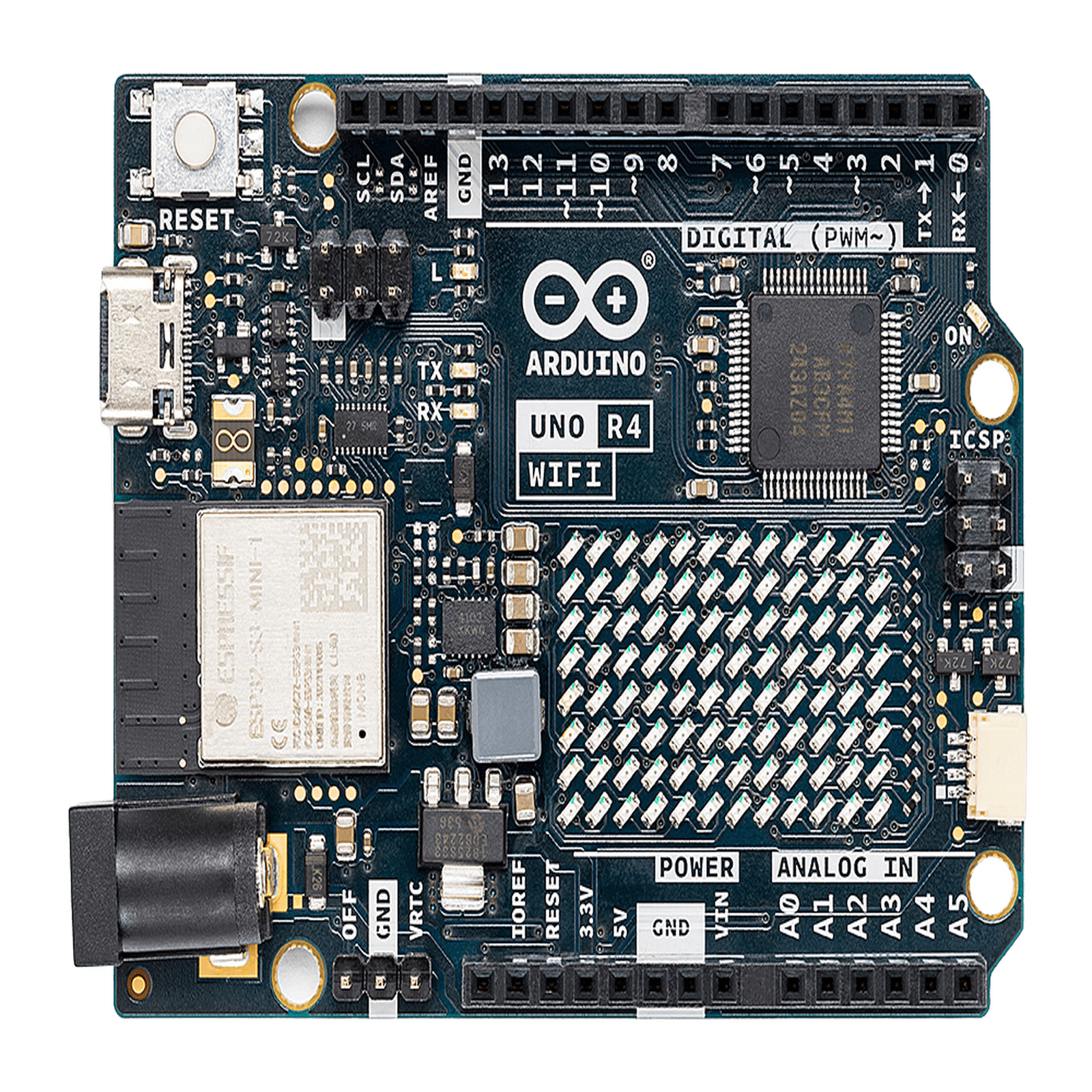 ARDUINO UNO REV4 WIFI, Retrocompatible con la UNO R3, la Arduino UNO R4 WiFi incluye una matriz LED 12×8 para interfaz mejorada y destaca por su conectividad y mayor potencia de procesamiento ABX-00087 - ARDUINO LLC