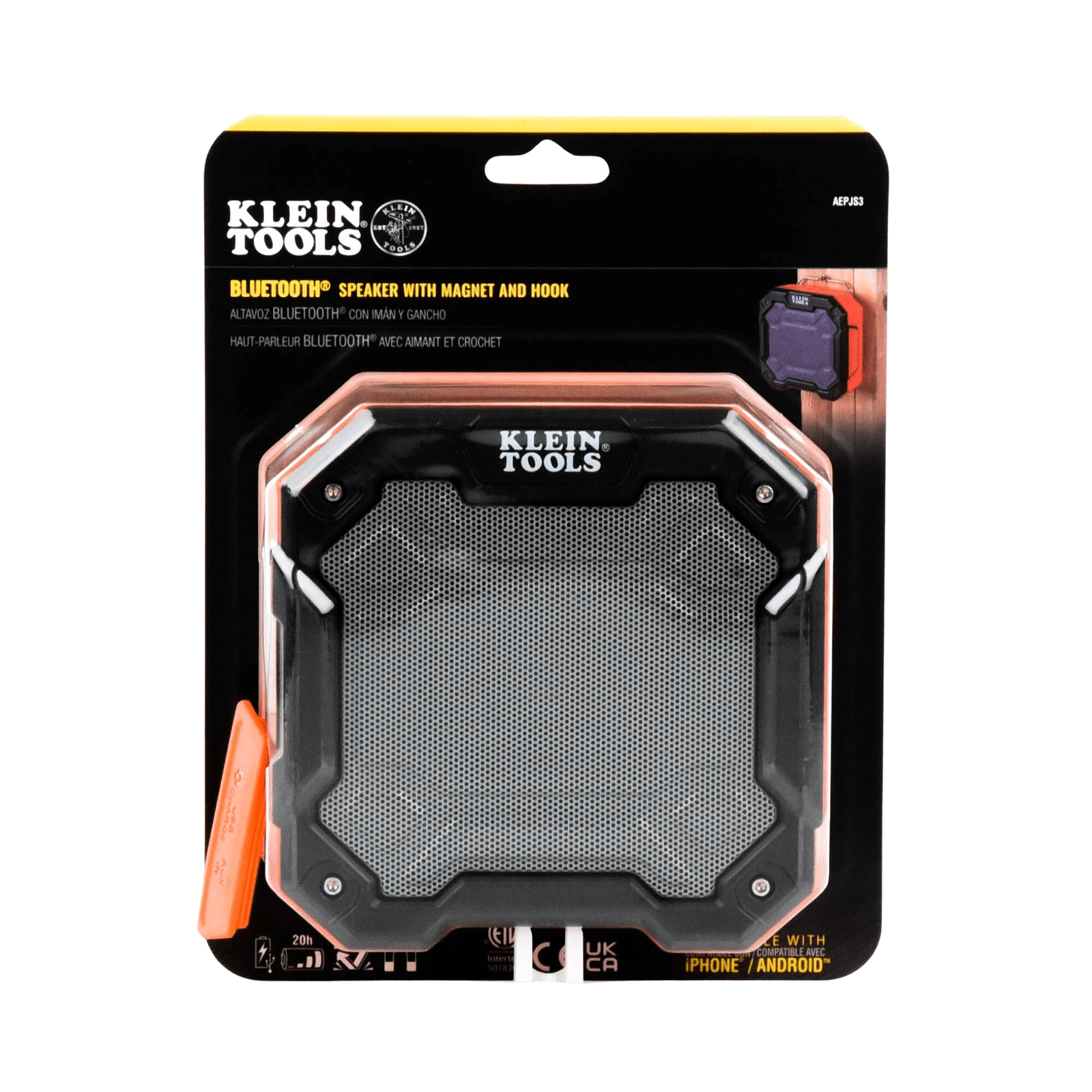 Bocina Portátil BLUETOOTH® con Imán y Gancho para Colgarse. Permite Altavoz Manos Libres con Micrófono Incorporado. AEPJS3 - KLEIN TOOLS