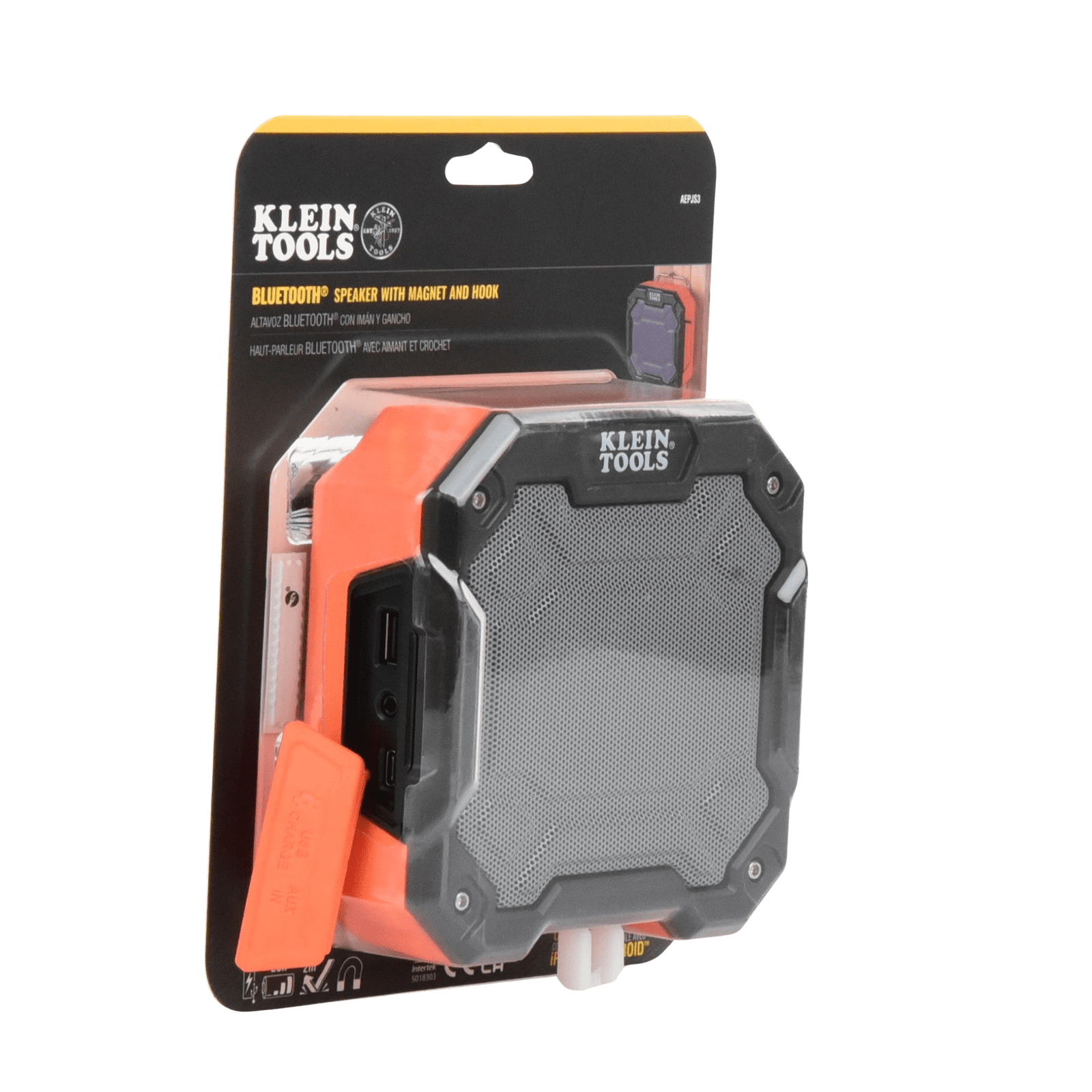 Bocina Portátil BLUETOOTH® con Imán y Gancho para Colgarse. Permite Altavoz Manos Libres con Micrófono Incorporado. AEPJS3 - KLEIN TOOLS