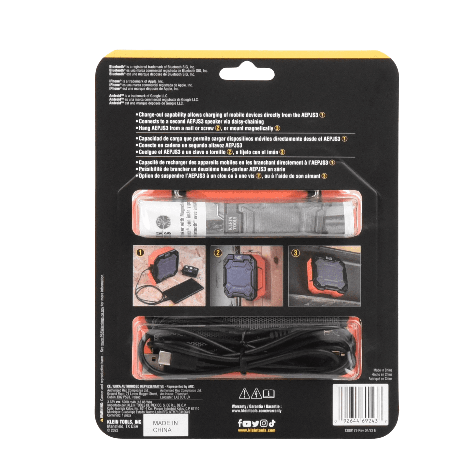 Bocina Portátil BLUETOOTH® con Imán y Gancho para Colgarse. Permite Altavoz Manos Libres con Micrófono Incorporado. AEPJS3 - KLEIN TOOLS