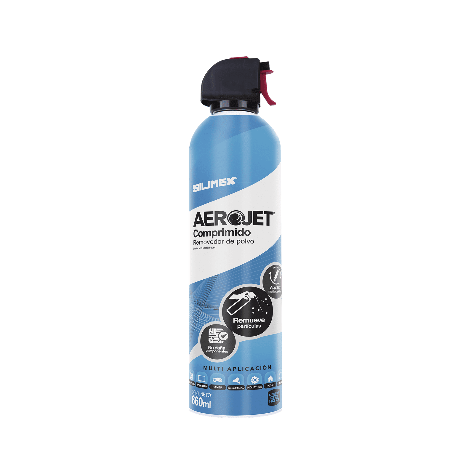 Removedor de polvo y residuos (aire comprimido) con aplicación 360º para limpieza de equipos electrónicos, válvula anti-estallamiento, 660 ml AEROJET360 - SILIMEX