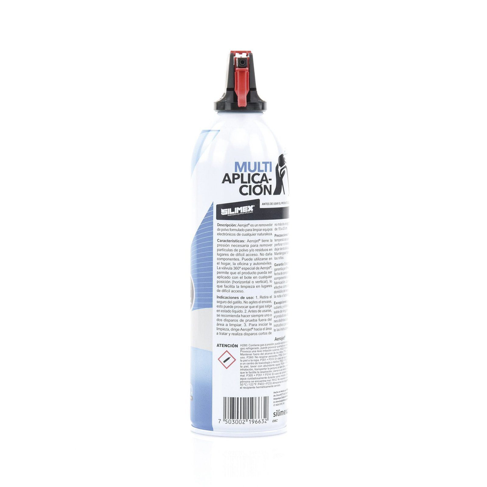 Removedor de polvo y residuos (aire comprimido) con aplicación 360º para limpieza de equipos electrónicos, válvula anti-estallamiento, 660 ml AEROJET360 - SILIMEX