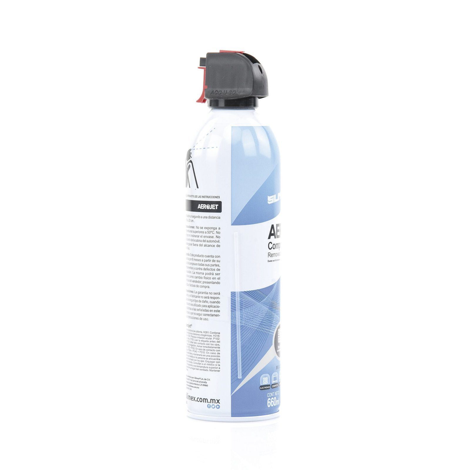 Removedor de polvo y residuos (aire comprimido) con aplicación 360º para limpieza de equipos electrónicos, válvula anti-estallamiento, 660 ml AEROJET360 - SILIMEX