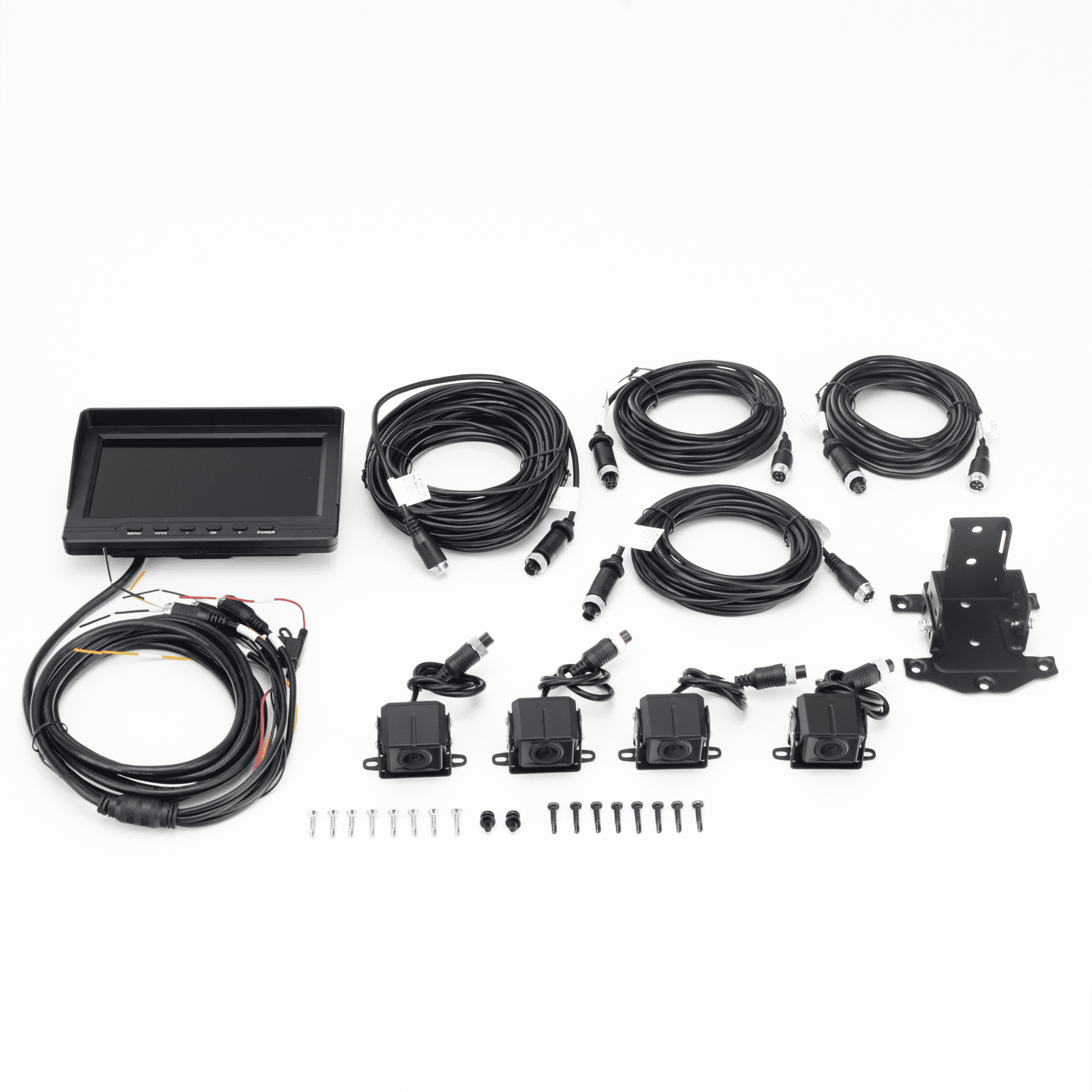 Sistema de Monitoreo Local / 4 Cámaras 1080p para Exterior (IP68) y Pantalla LCD de 7″ a Color / Memoria Micro SD de 64 GB (Expandible a 512 GB) / Soporta Cambio de Cámara al Dar Reversa al Vehiculo / Accesorios de Instalación AE-VD2501A-A - HIKVISION