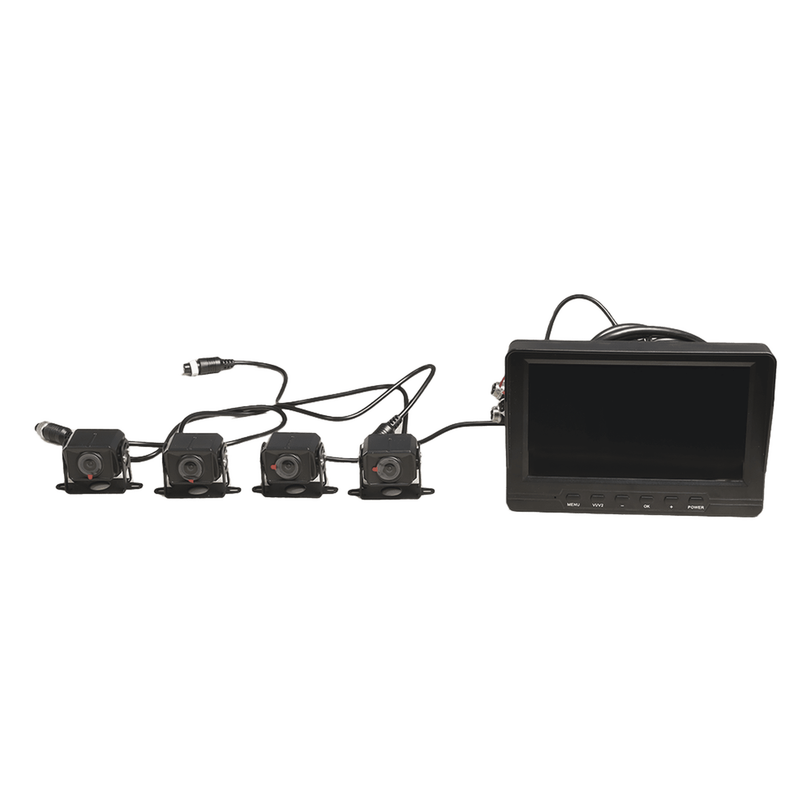 Sistema de Monitoreo Local / 4 Cámaras 1080p para Exterior (IP68) y Pantalla LCD de 7″ a Color / Memoria Micro SD de 64 GB (Expandible a 512 GB) / Soporta Cambio de Cámara al Dar Reversa al Vehiculo / Accesorios de Instalación AE-VD2501A-A - HIKVISION