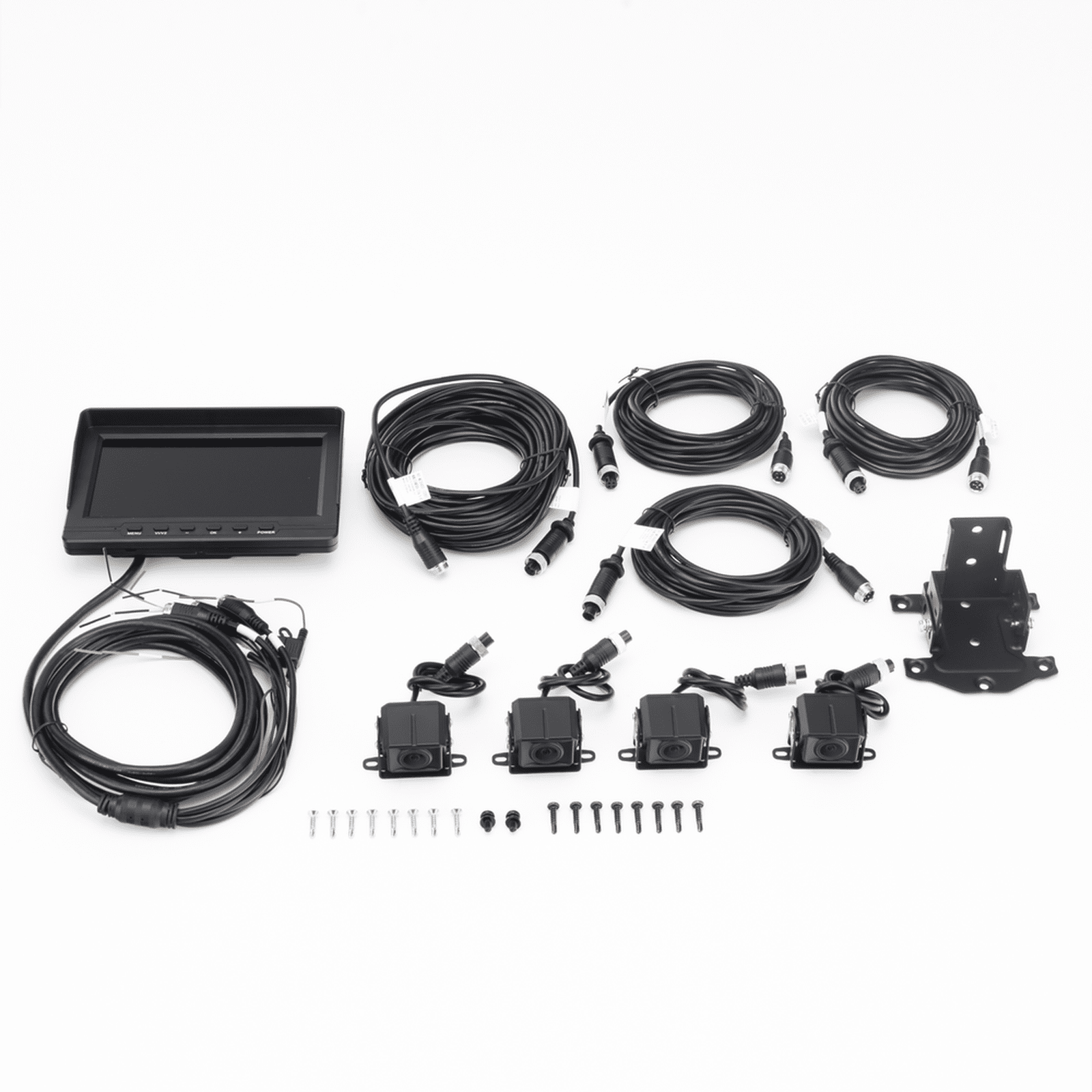 Sistema de Monitoreo Local / 4 Cámaras 1080p para Exterior (IP68) y Pantalla LCD de 7″ a Color / Memoria Micro SD de 64 GB (Expandible a 512 GB) / Soporta Cambio de Cámara al Dar Reversa al Vehiculo / Accesorios de Instalación AE-VD2501A-A - HIKVISION