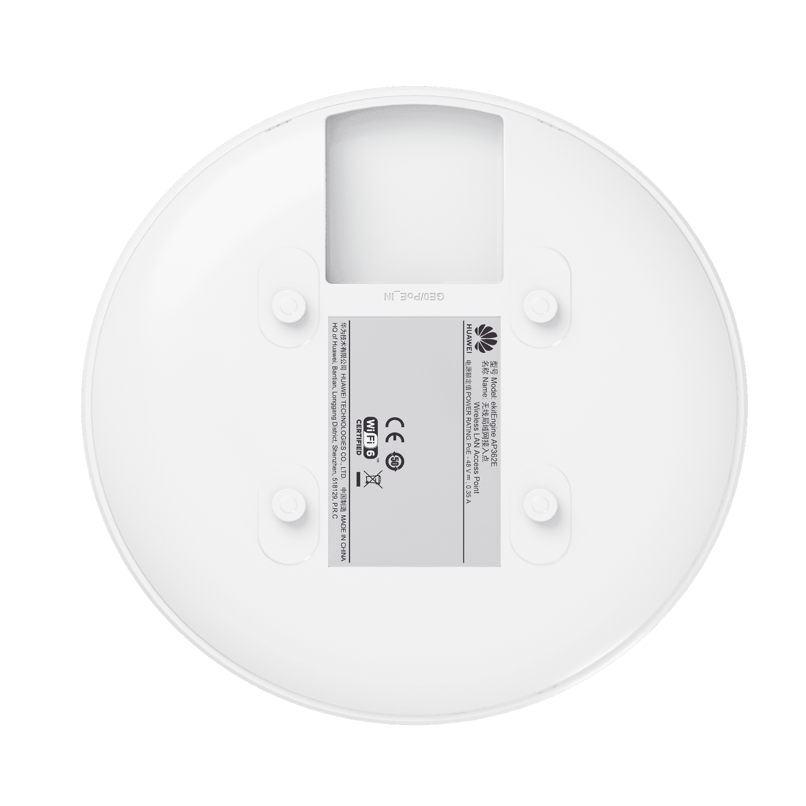 Punto de Acceso Wi-Fi 6 / 2.975 Gbps / MU-MIMO 2×2:2 (2.4GHz y 5GHz) / 1 Puerto GE / Smart Antenna 20% más cobertura / Instalación en techo y pared / Seguridad WPA3 / Roaming Inteligente / Hasta 128 usuarios / Administración Gratuita AP362E - HUAWEI