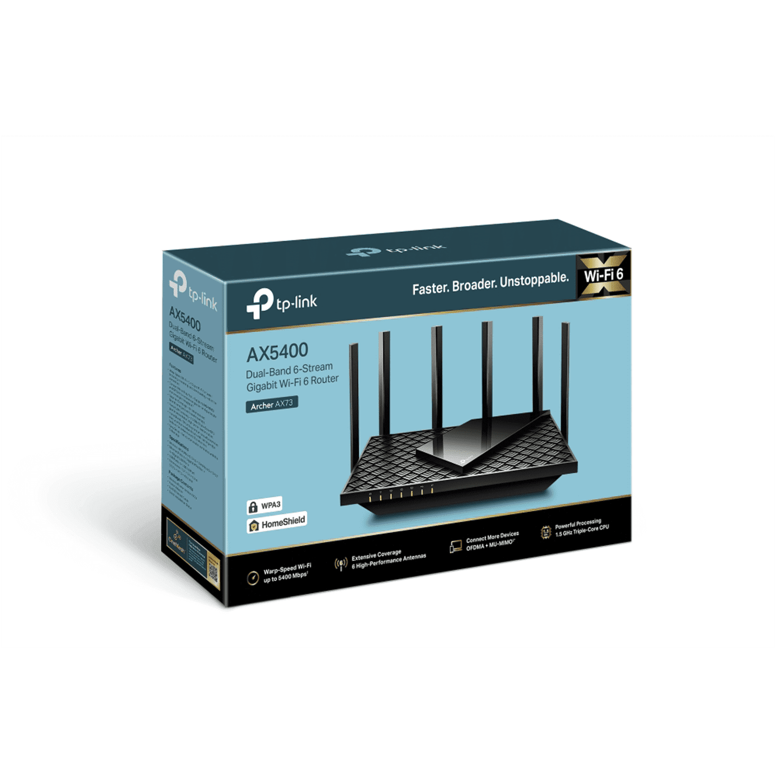 Router WiFi 6 Doble Banda / AX5400 MU-MIMO 4X4 y OFDMA / 1 puerto WAN 10/100/1000 Mbps / 4 puertos LAN 10/100/1000 Mbps / 1 puerto USB 3.0 /  6 potentes antenas / Administración App (Tether) o Página web / Protección HomeShield ARCHERAX73 - TP-LINK