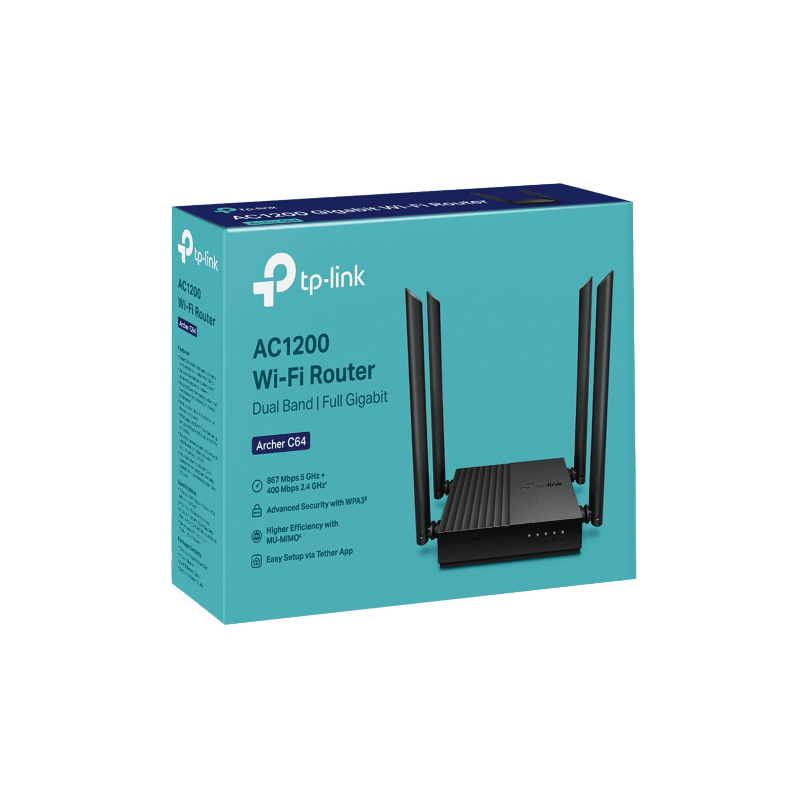 Router Inalámbrico AC 1200 / Doble Banda MU-MIMO / 1 puerto WAN 10/100/1000 Mbps / 4 puertos LAN 10/100/1000 Mbps / Compatible con EasyMesh / Administración Web o App Tether ARCHERC64 - TP-LINK