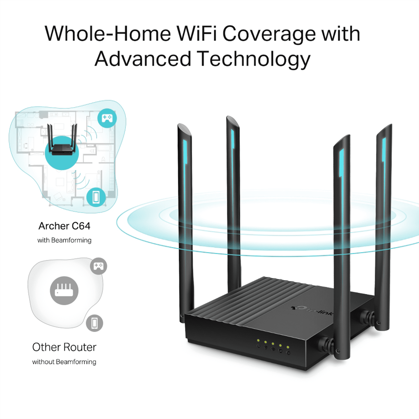 Router Inalámbrico AC 1200 / Doble Banda MU-MIMO / 1 puerto WAN 10/100/1000 Mbps / 4 puertos LAN 10/100/1000 Mbps / Compatible con EasyMesh / Administración Web o App Tether ARCHERC64 - TP-LINK