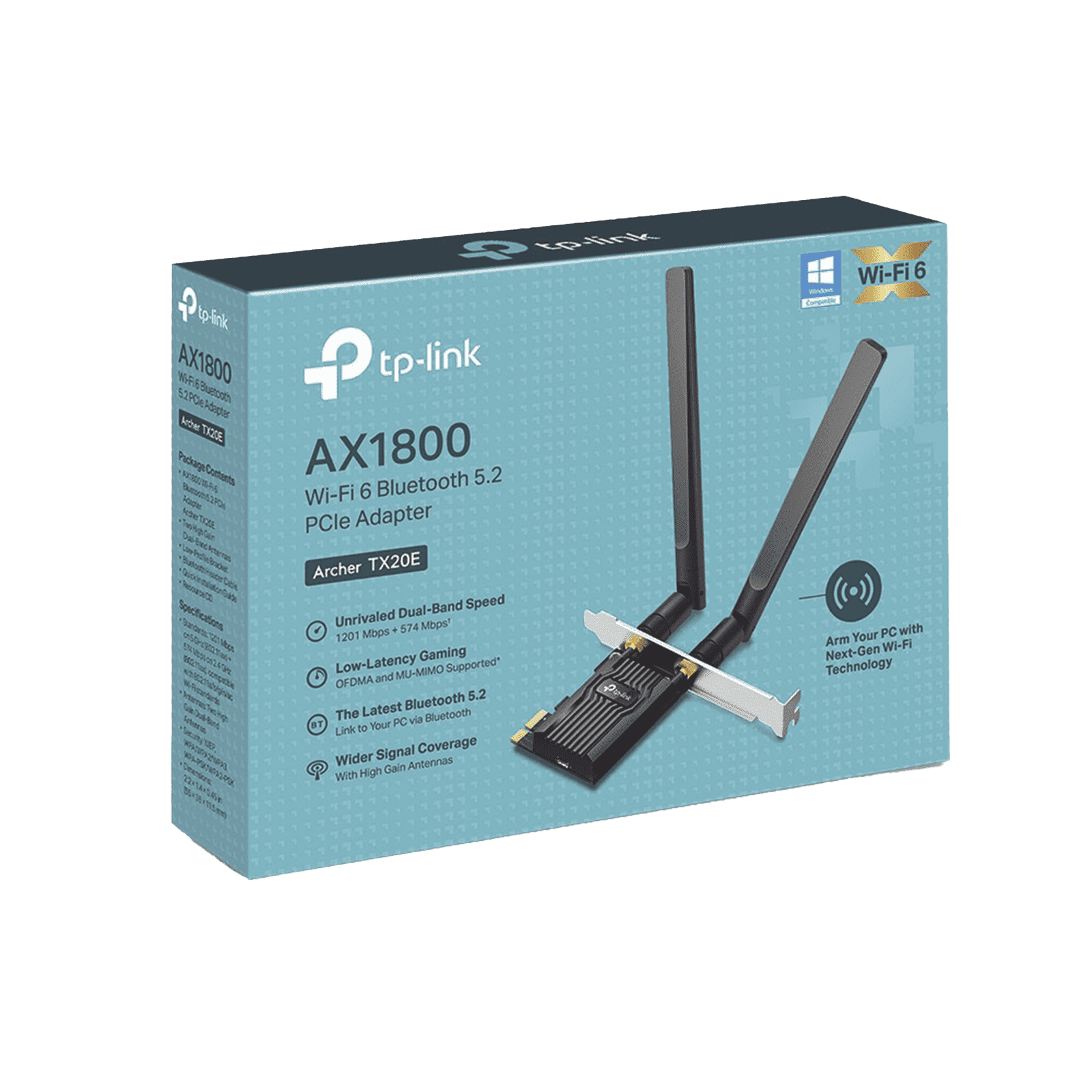 Adaptador PCIe inalámbrico doble banda AX1800 Mbps / Seguridad Inalámbrica WPA3 /Antena de alta ganancia / Tecnología MU-MUMO 2X2 / Soporte de perfil bajo y Altura completa / Bluetooth 5.2 ARCHER-TX20E - TP-LINK