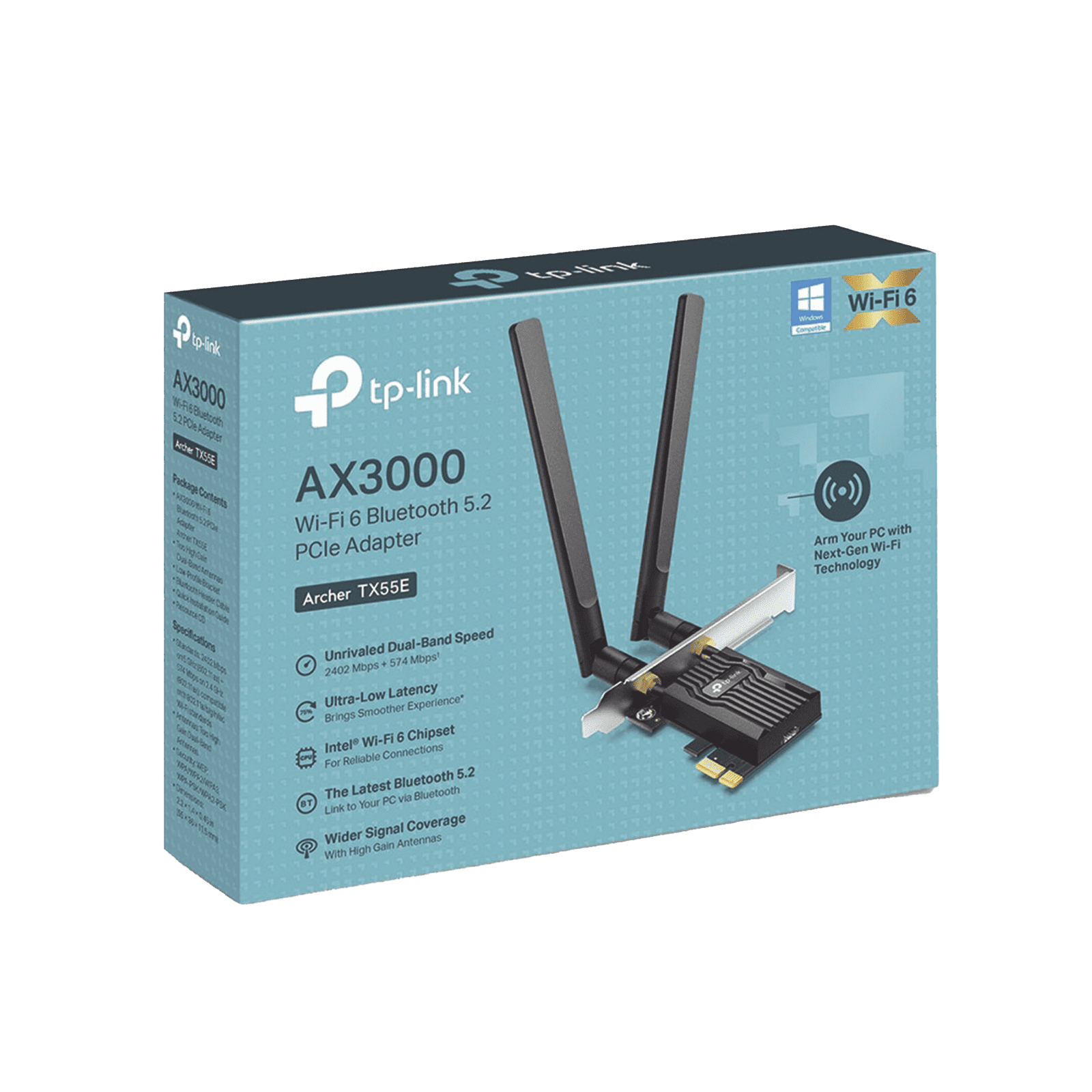 Adaptador PCIe inalámbrico doble banda AX3000 Mbps / Seguridad Inalámbrica WPA3 /Antena de alta ganancia / Tecnología MU-MUMO 2X2 / Soporte de perfil bajo y Altura completa / Bluetooth 5.2 ARCHER-TX55E - TP-LINK