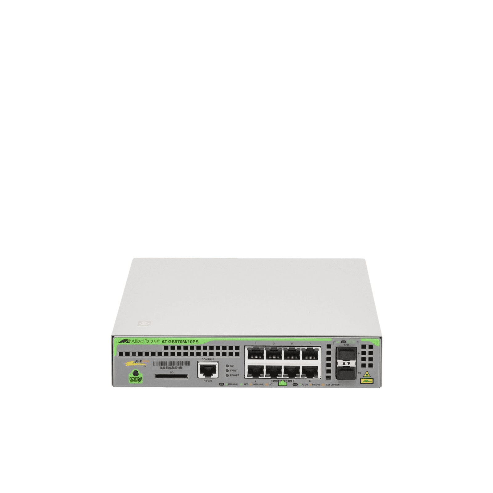 Switch PoE+ Administrable CentreCOM GS970M, Capa 3 de 8 Puertos 10/100/1000 Mbps + 2 SFP Gigabit, 124 W AT-GS970M/10PS-R-10 - ALLIED TELESIS