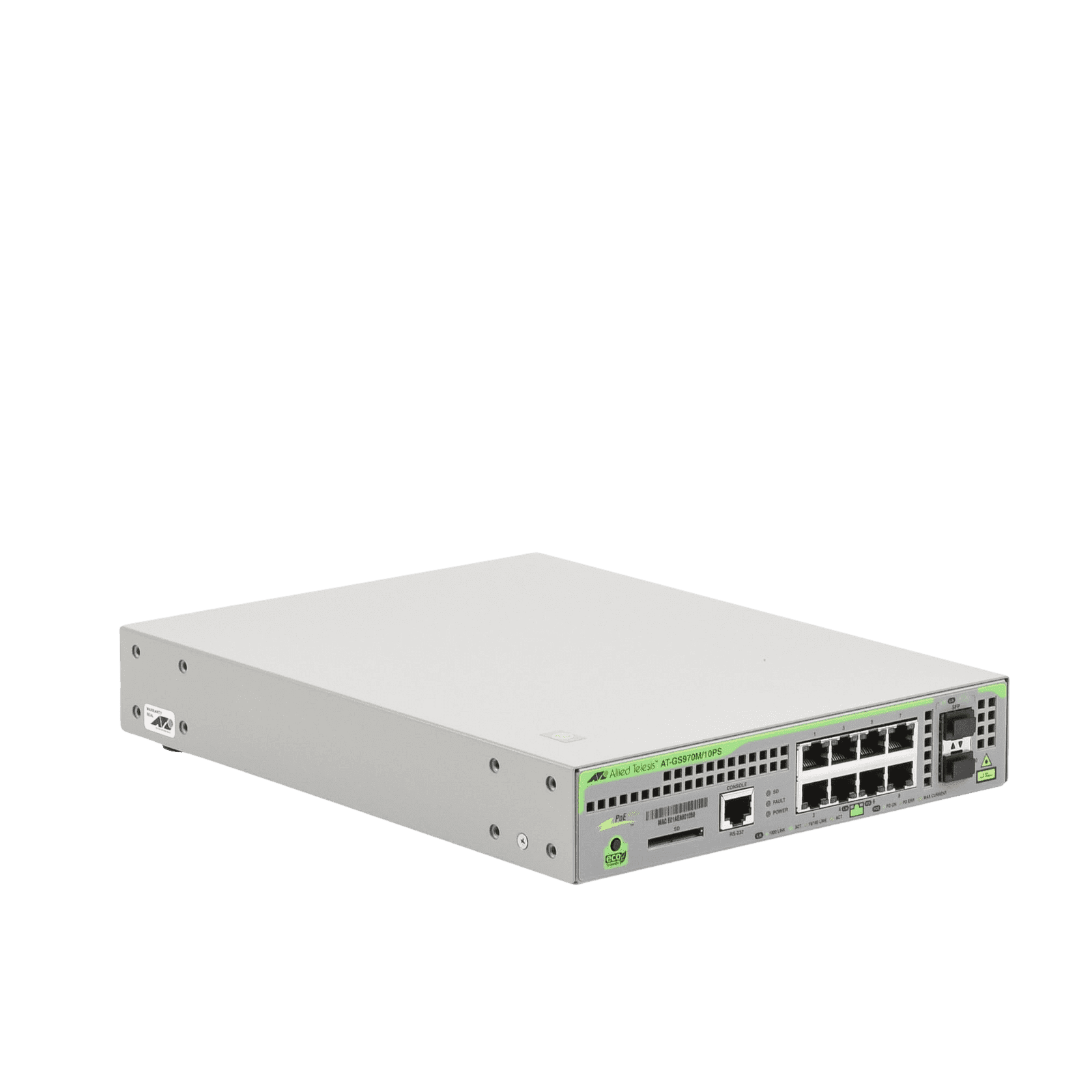 Switch PoE+ Administrable CentreCOM GS970M, Capa 3 de 8 Puertos 10/100/1000 Mbps + 2 SFP Gigabit, 124 W AT-GS970M/10PS-R-10 - ALLIED TELESIS