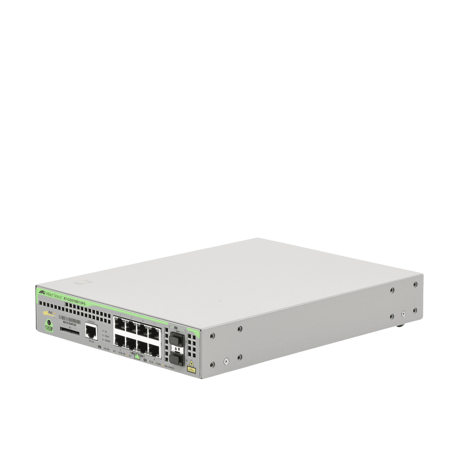 Switch PoE+ Administrable CentreCOM GS970M, Capa 3 de 8 Puertos 10/100/1000 Mbps + 2 SFP Gigabit, 124 W AT-GS970M/10PS-R-10 - ALLIED TELESIS