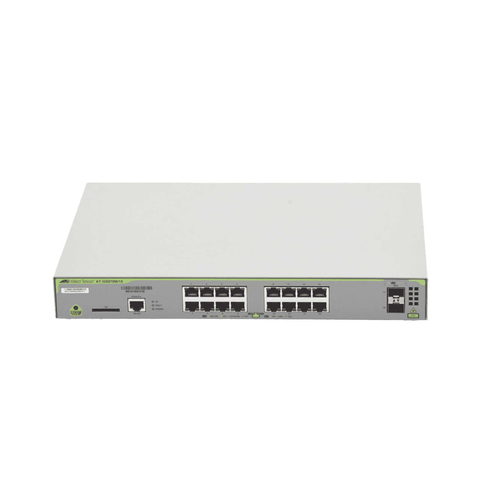 Switch Administrable CentreCOM GS970M, Capa 3 de 16 Puertos 10/100/1000 Mbps + 2 puertos SFP Gigabit AT-GS970M/18-10 - ALLIED TELESIS