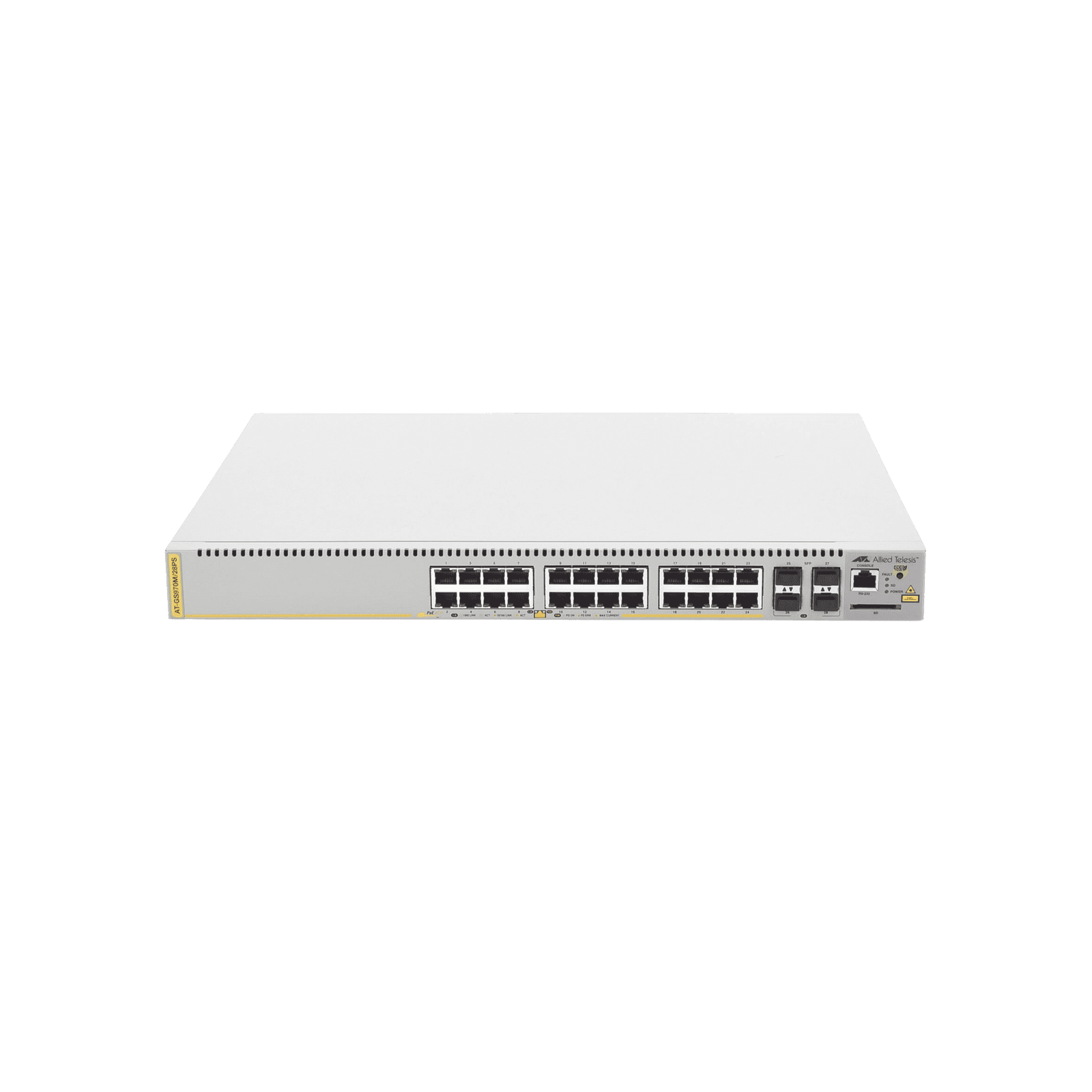 Switch PoE+ Administrable CentreCOM GS970M, Capa 3 de 24 Puertos 10/100/1000 Mbps + 4 SFP Gigabit, 370 W AT-GS970M/28PS-10 - ALLIED TELESIS