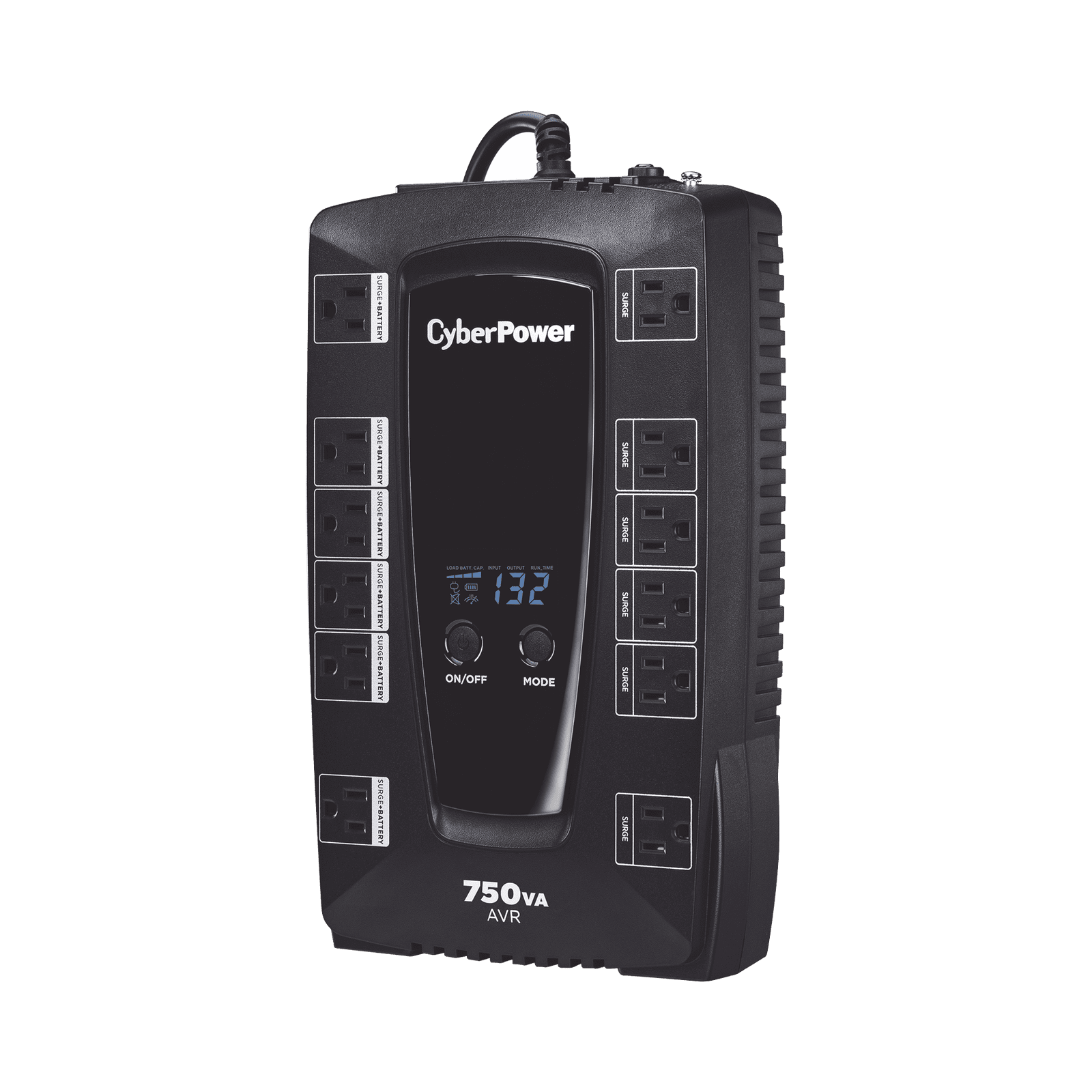 UPS de 750 VA/450 W, Topología Línea Interactiva, Entrada 120 Vca NEMA 5-15P, Tipo Gabinete Compacto, Con 12 Tomas NEMA 5-15R AVRG750LCD - CyberPower