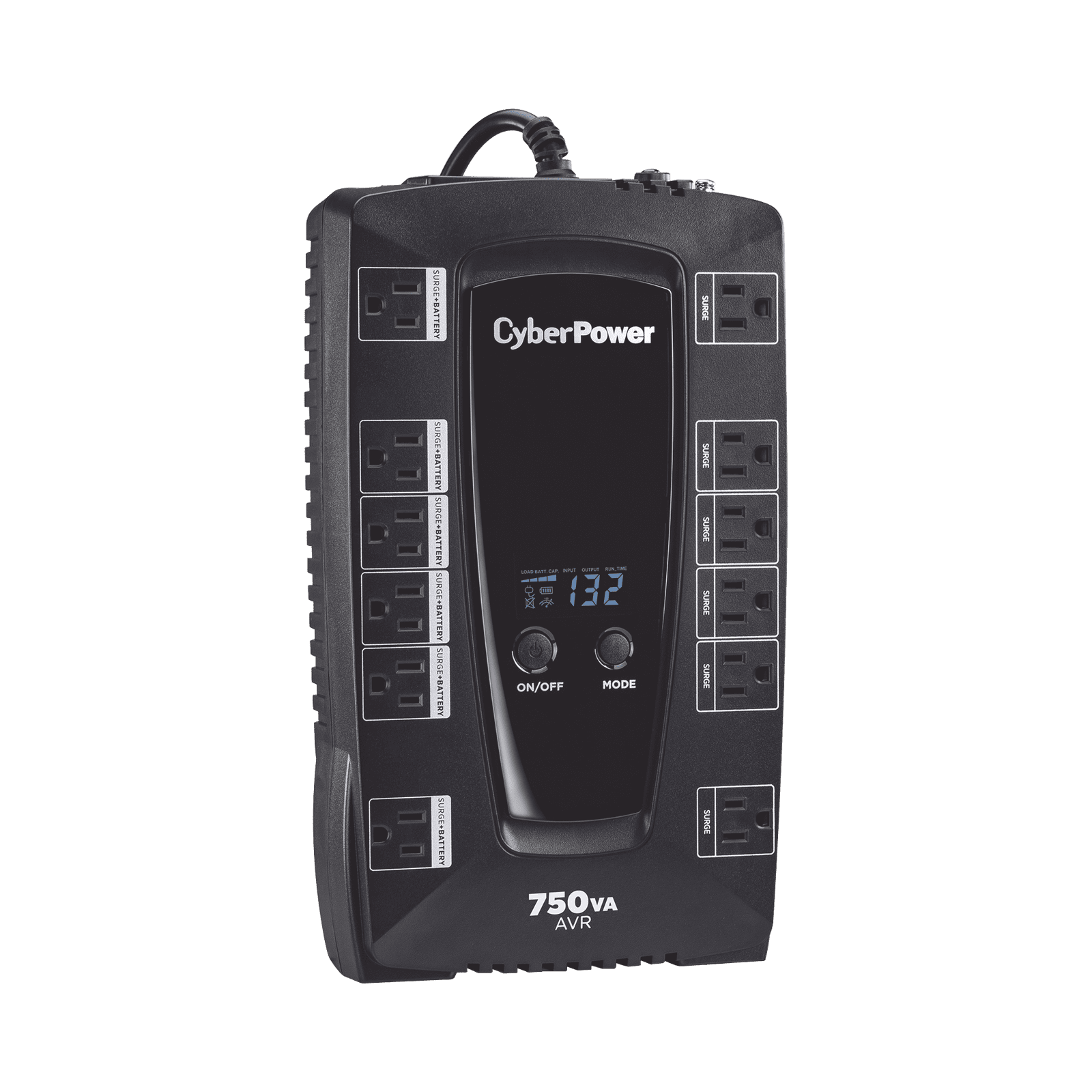 UPS de 750 VA/450 W, Topología Línea Interactiva, Entrada 120 Vca NEMA 5-15P, Tipo Gabinete Compacto, Con 12 Tomas NEMA 5-15R AVRG750LCD - CyberPower