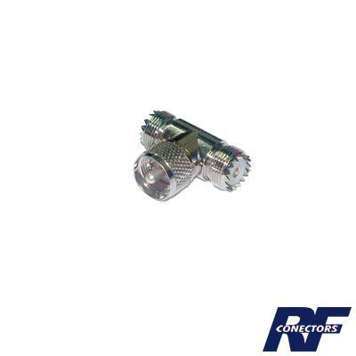 Adaptador en forma T, de Conector UHF Macho (PL-259) a Doble UHF Hembra (SO-239), Níquel/ Plata/ Delrin. RFU-533 - RF INDUSTRIES,LTD