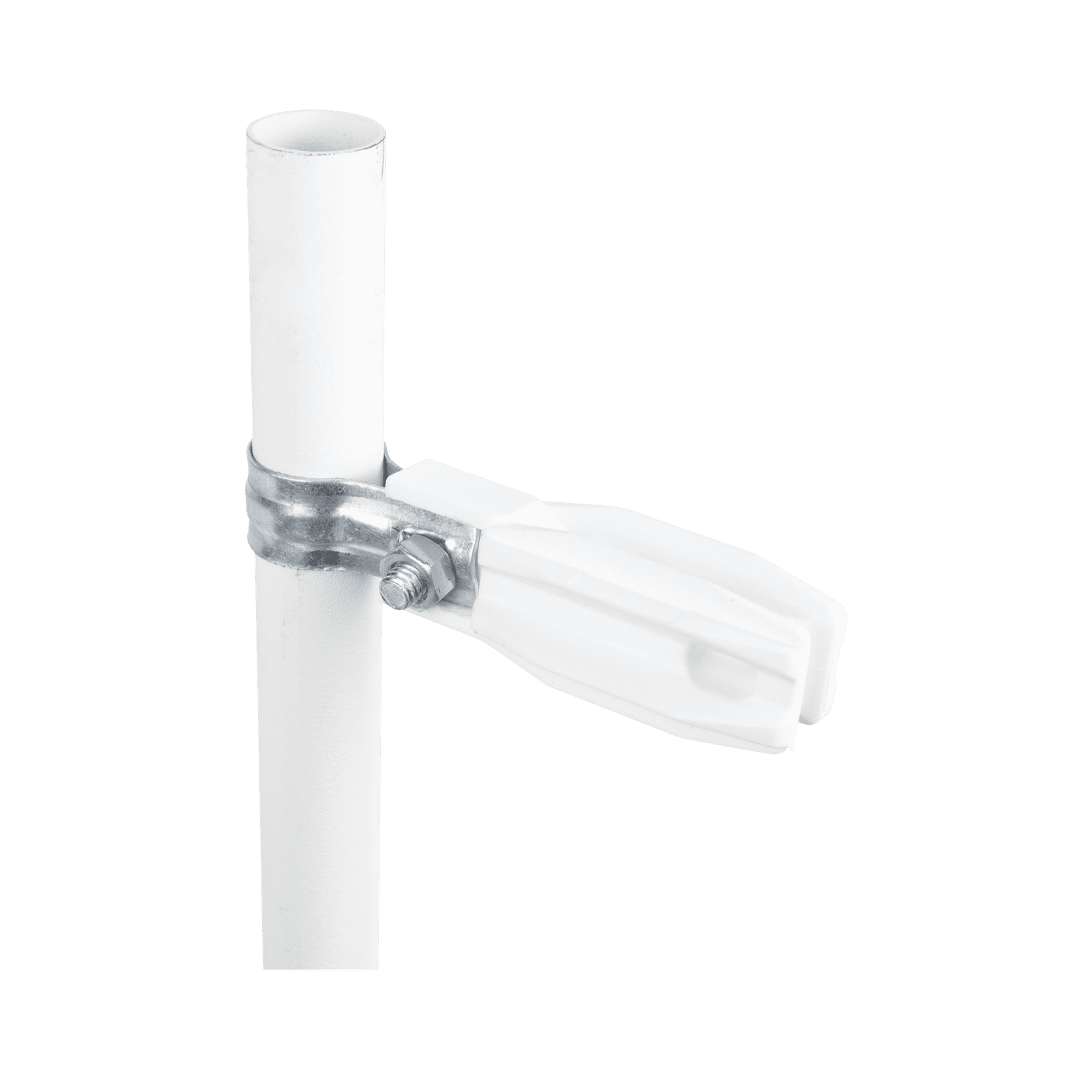 Aislador de paso o esquina de color BLANCO con abrazadera incluida de 1 Pulgada para uso en poste cerco eléctrico SFABRAZADERA1PW - SFIRE