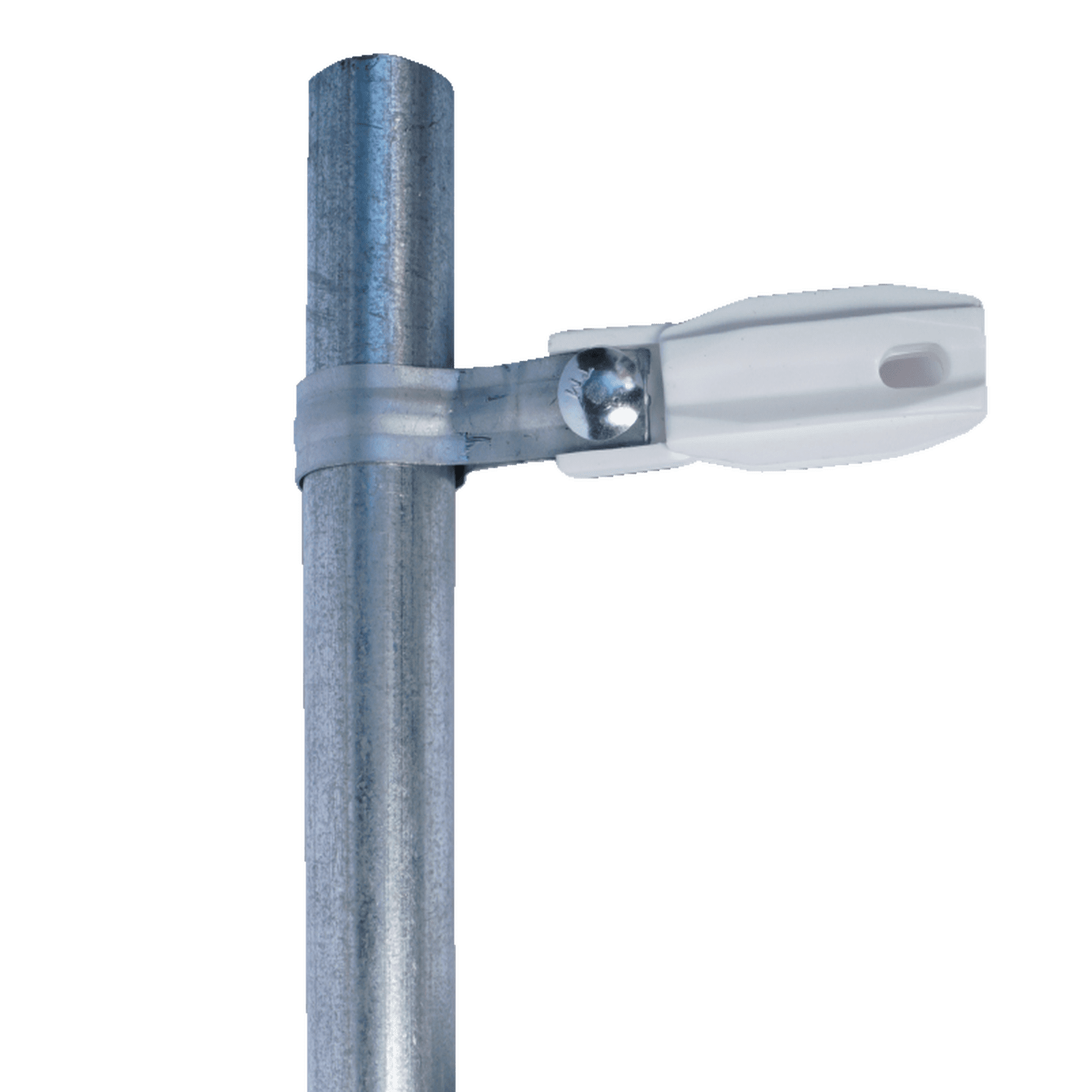 Aislador de paso o esquina de color Blanco con abrazadera incluida de 33-38mm para uso en tubería de malla ciclónica. SFABRAZADERAW - SFIRE