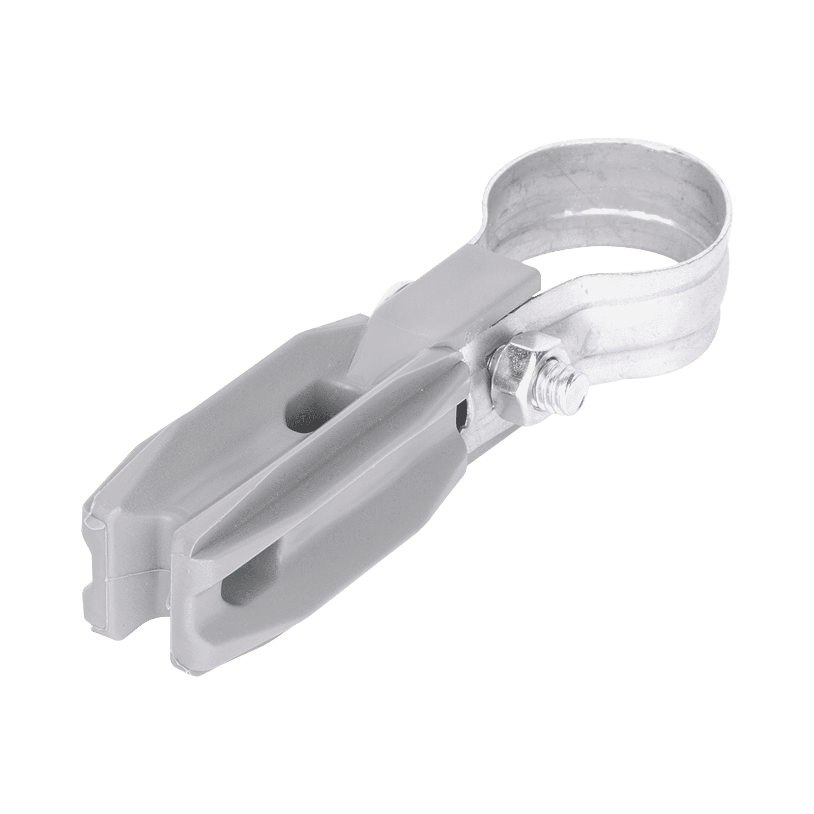 Aislador de paso o esquina de color GRIS con abrazadera incluida de 1 Pulgada para uso en poste cerco eléctrico SFABRAZADERA1PG - SFIRE