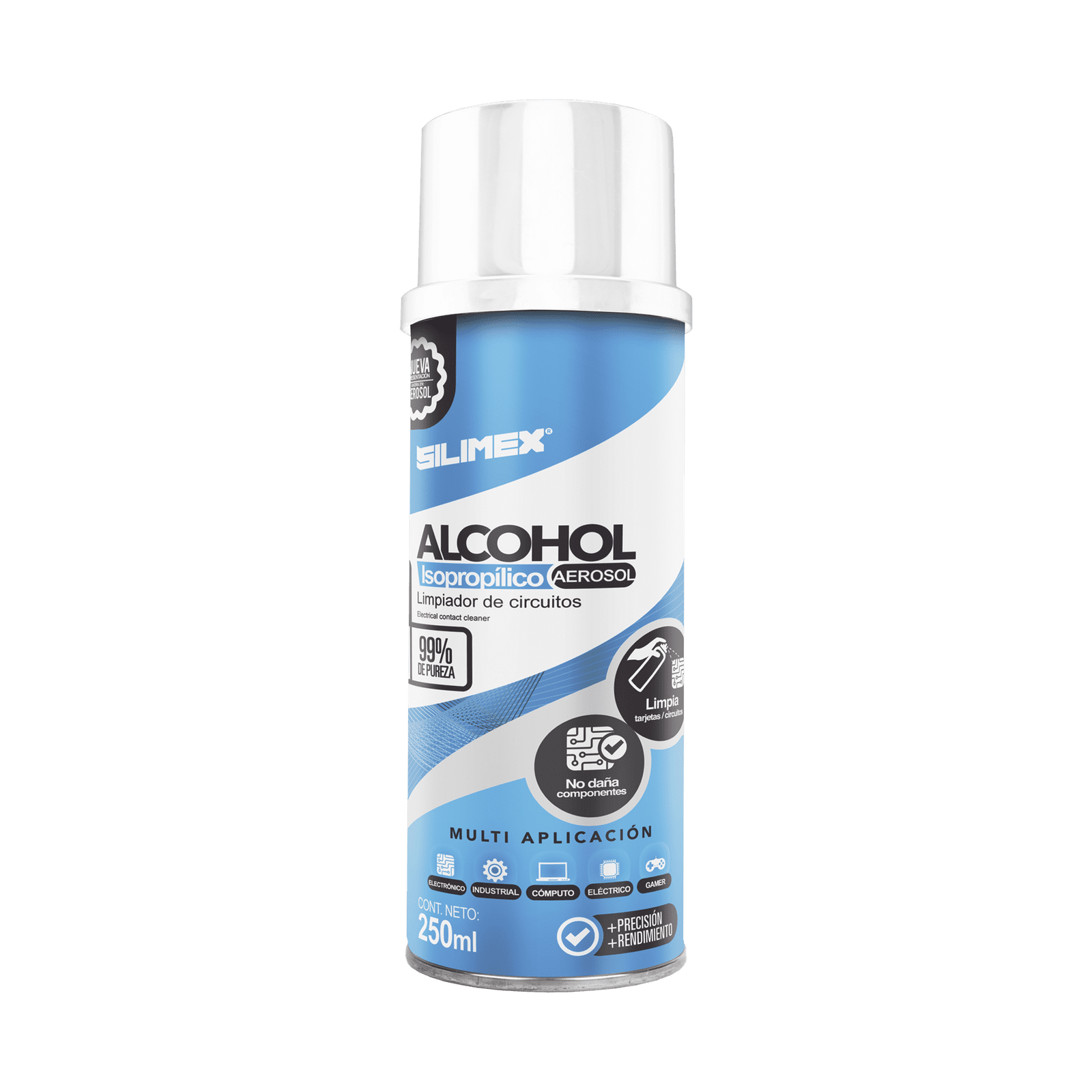 Alcohol Isopropilico en Aerosol para limpieza de equipos de vídeo, fibra óptica, cómputo, y equipo telefónico 250 ml ALCOHOLS - SILIMEX