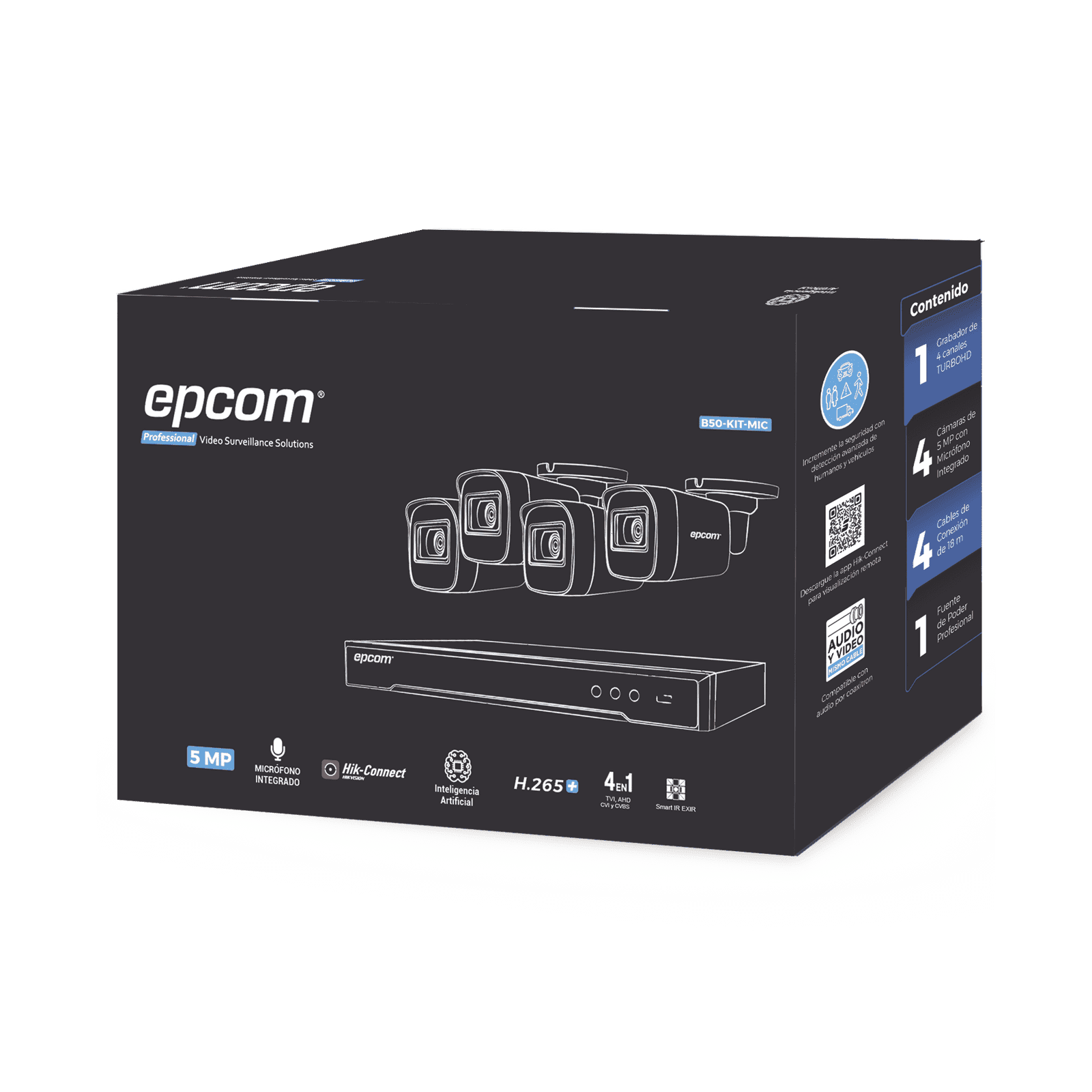 Kit TURBOHD 5 Megapixel / DVR 4 Canales / 4 Cámaras de 5 Megapixel con Micrófono Integrado / 4 Cables 18 Metros / Fuente de Poder Profesional B50-KIT-MIC - EPCOM PROFESSIONAL