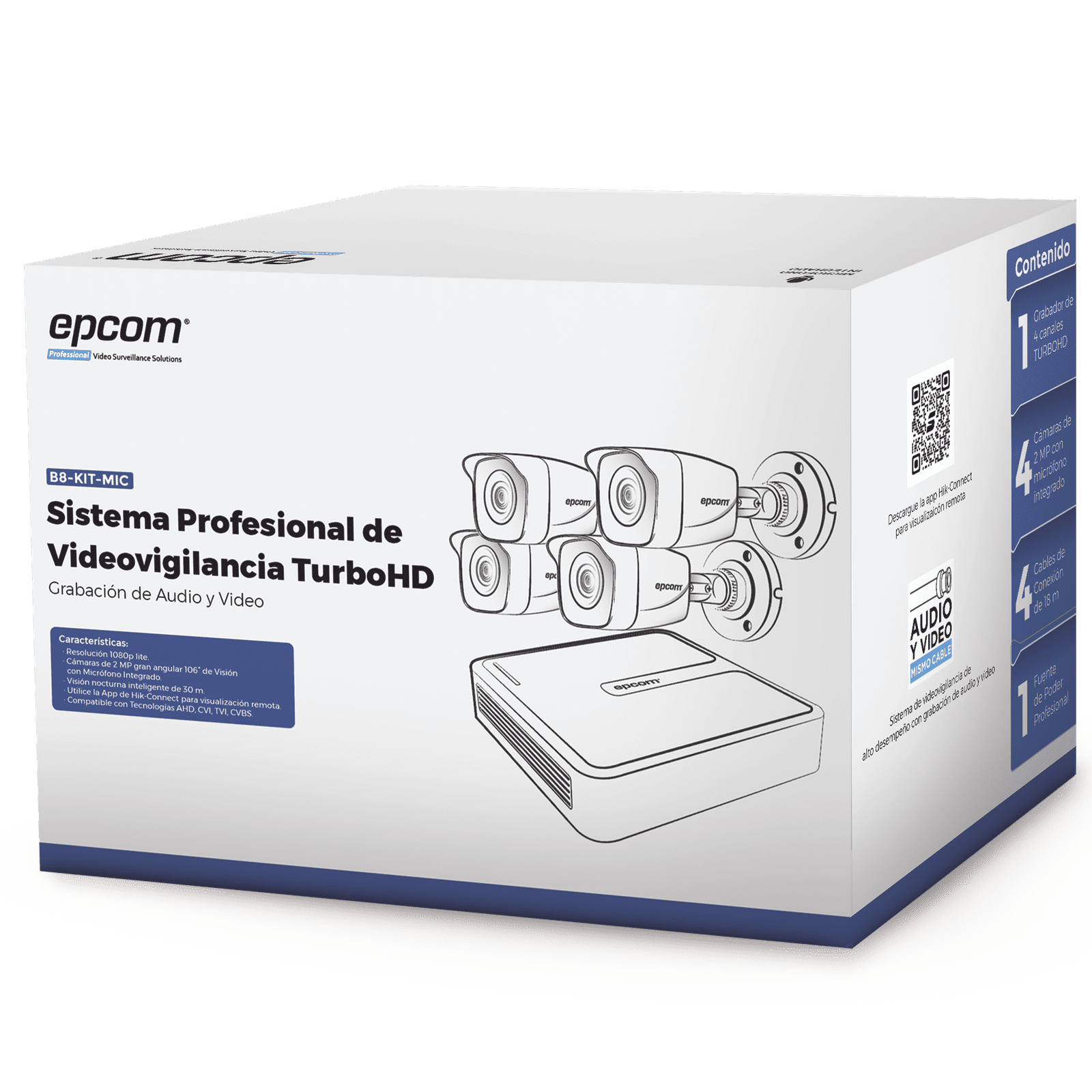 (MICRÓFONO Integrado) Kit TurboHD 1080p Lite / DVR 4 canales / Audio por Coaxitron / 4 Cámaras Bala de Metal con Micrófono Integrado B8-KIT-MIC - EPCOM PROFESSIONAL
